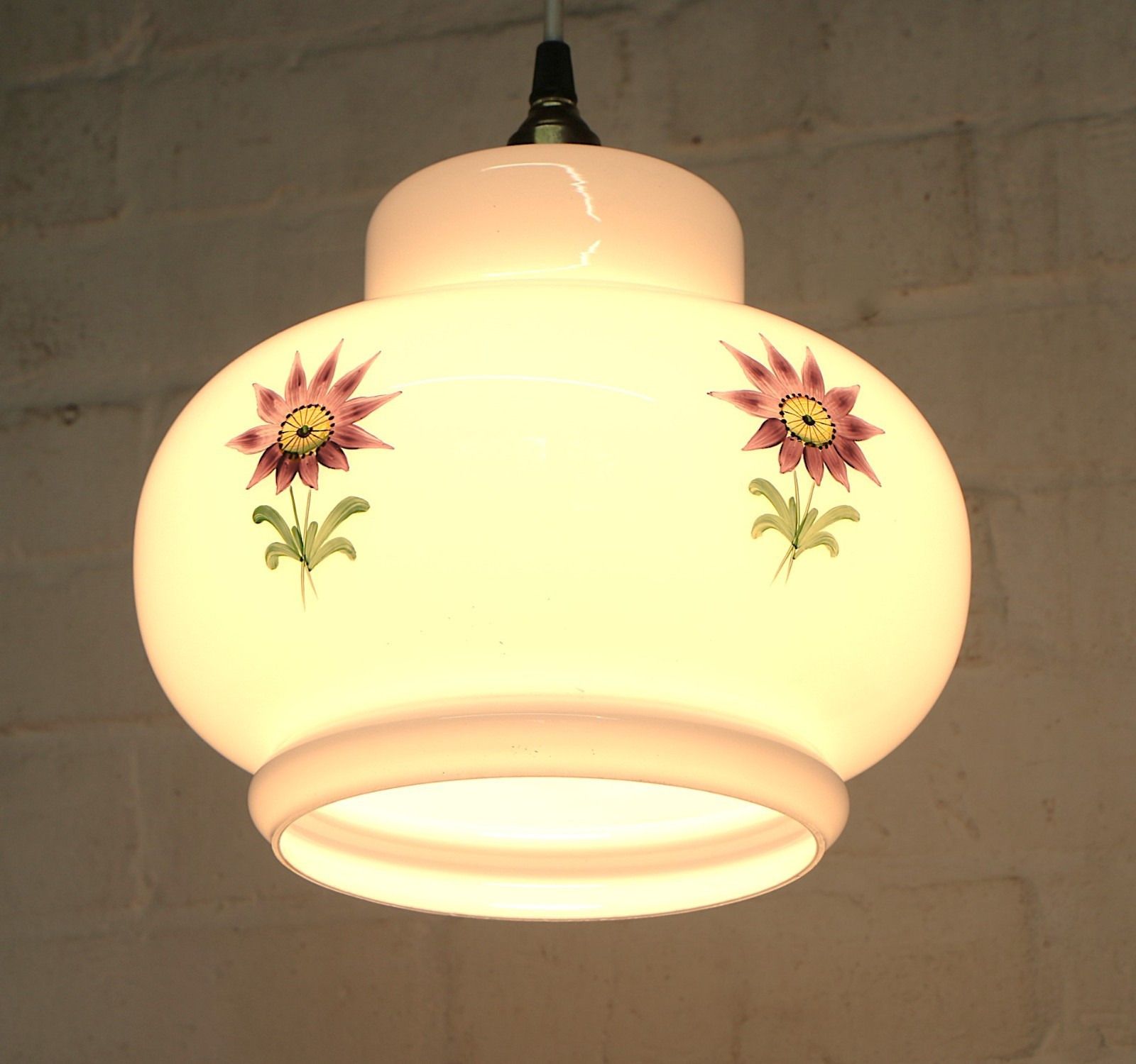 Vintage Lampshade For Ceiling Light Floral Large Milk Glass 1970's Hand Finished photo furniture