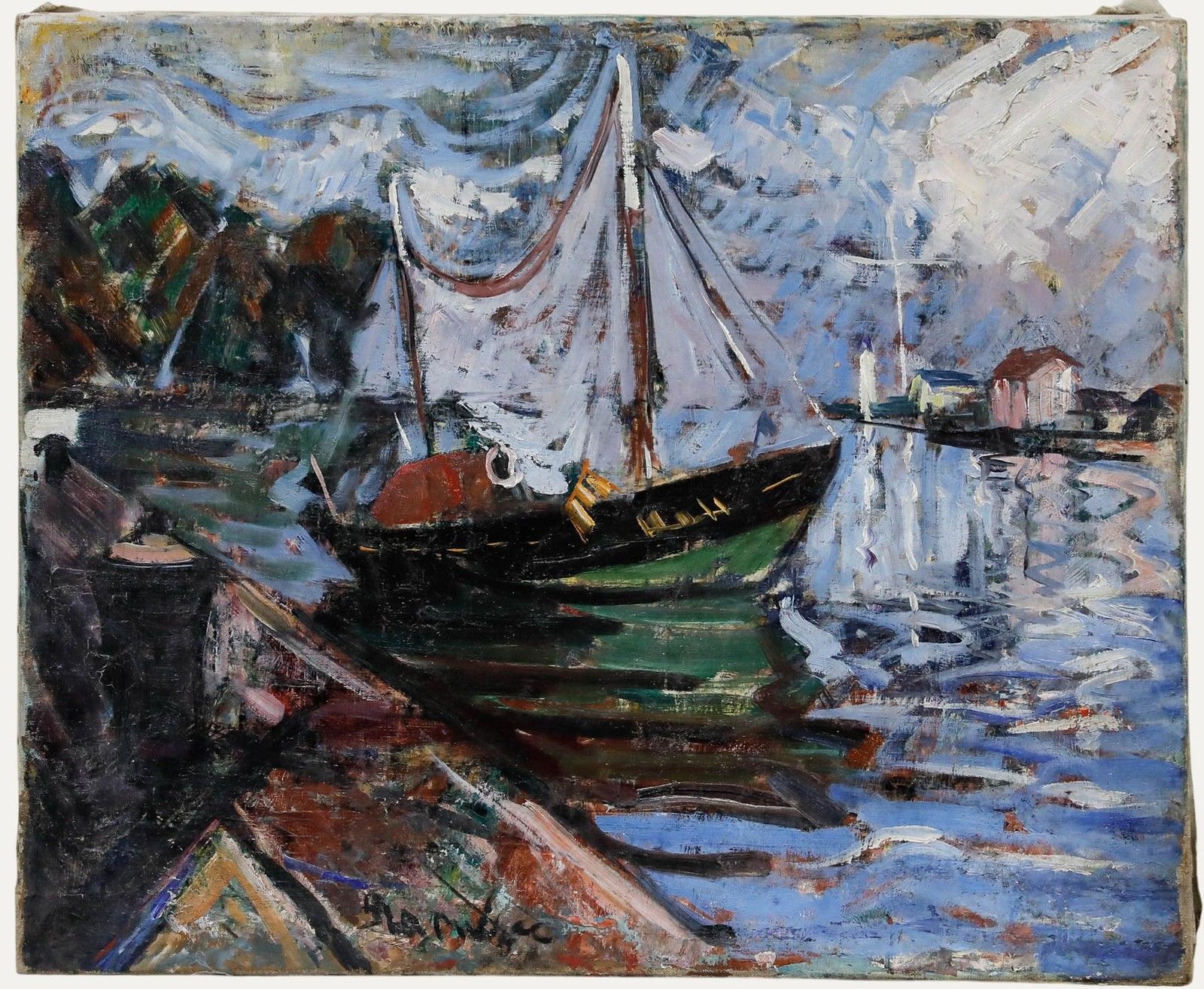 French School Mid 20th Century Oil The Green Fishing Boat
