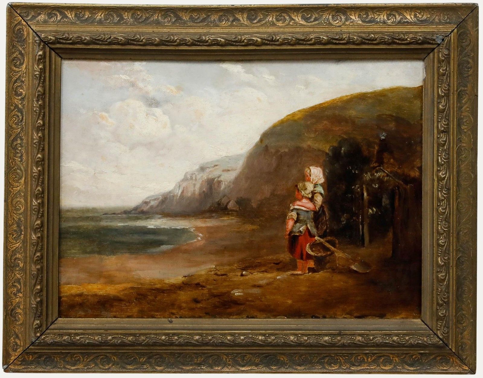 Framed 19th Century Oil Children At The Beach
