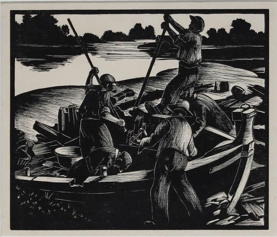 Clare Leighton (1898 1989) Mid 20th Century Woodcut, Breaking Up A Barge photo furniture
