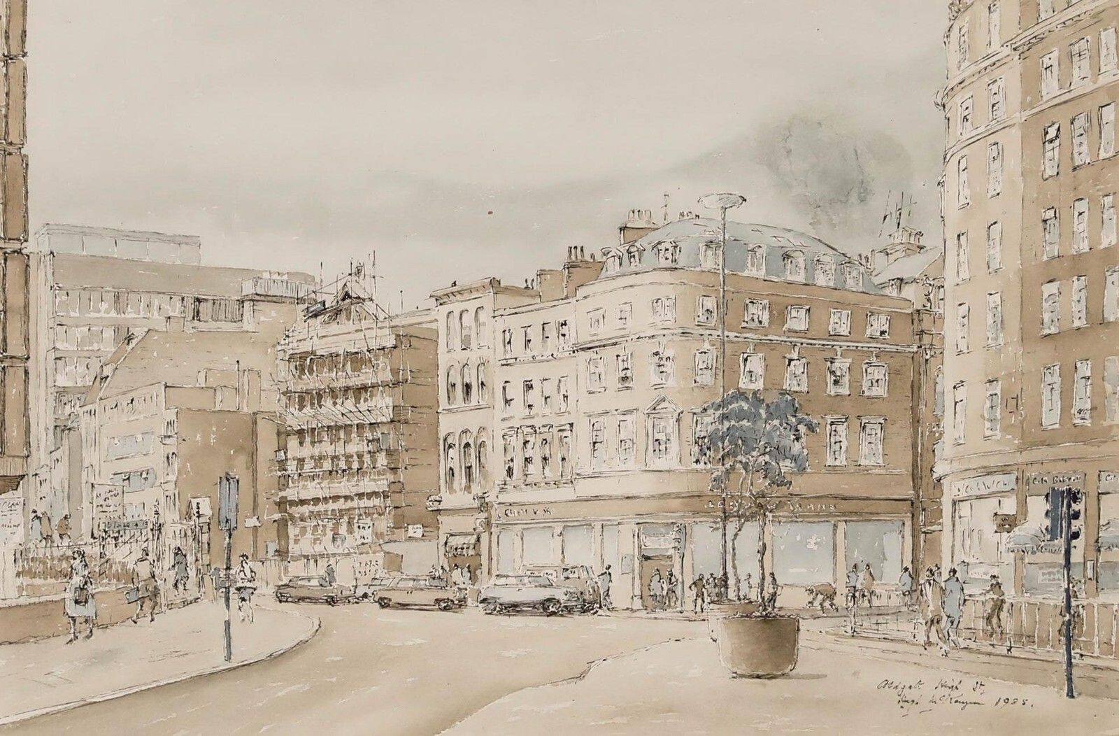 Hugh Mckenzie (1909 2005) Framed 1985 Watercolour, Aldgate High Street photo furniture