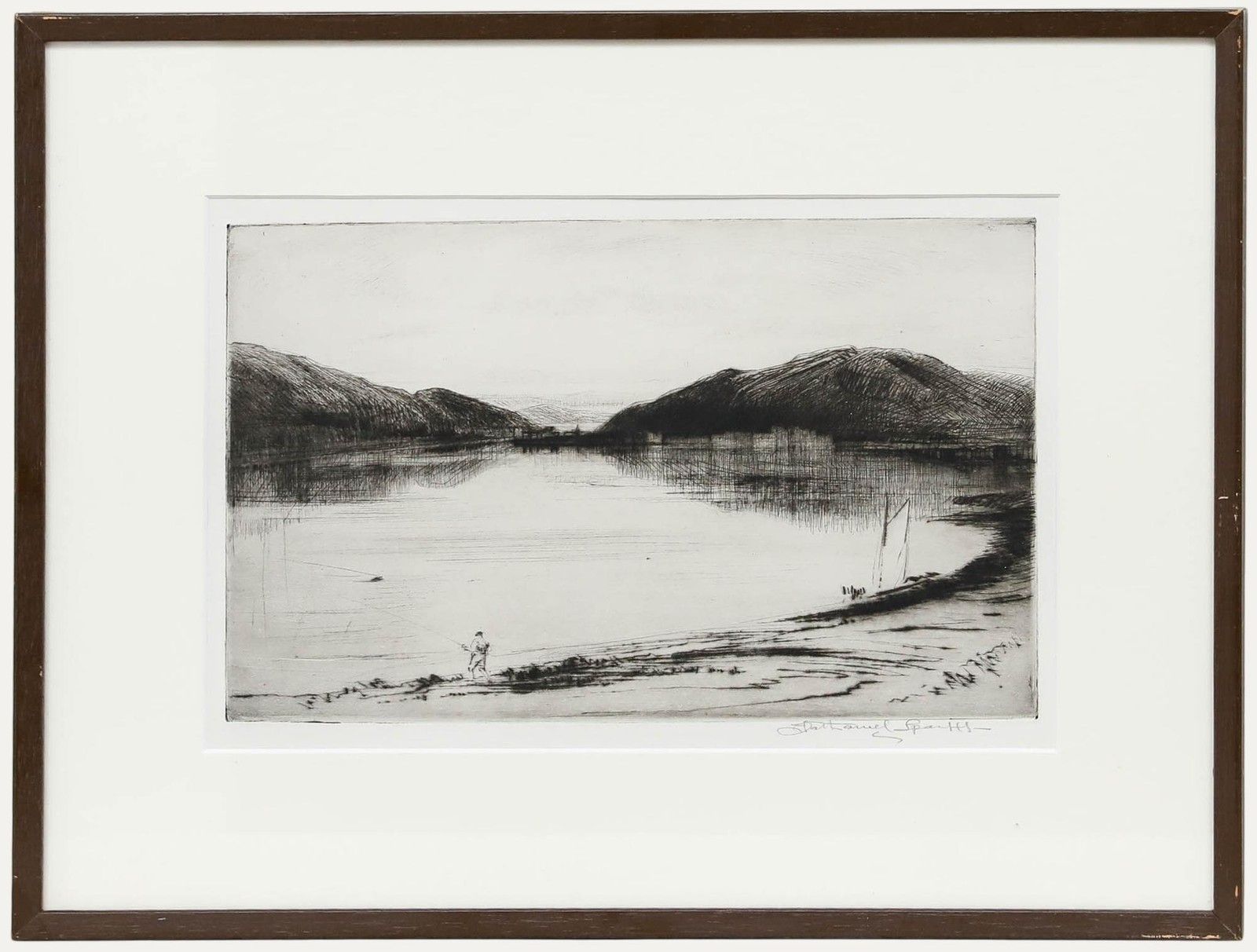 Nathaniel Sparks Re (1880 1956) 20th Century Etching, Fishing On The Lake
