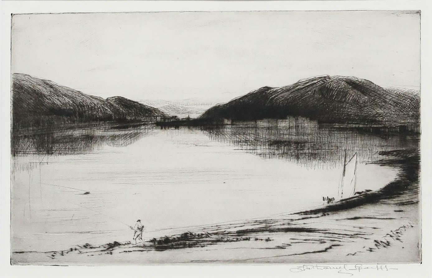 Nathaniel Sparks Re (1880 1956) 20th Century Etching, Fishing On The Lake photo furniture