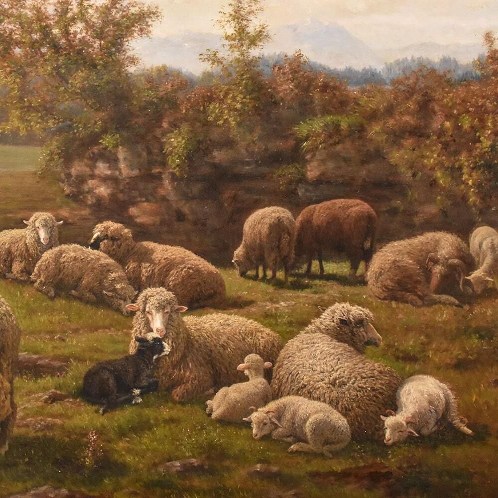 Antique Nature Oil Painting, Landscape With Flock And Shepherd, 19th Century photo 6000.0