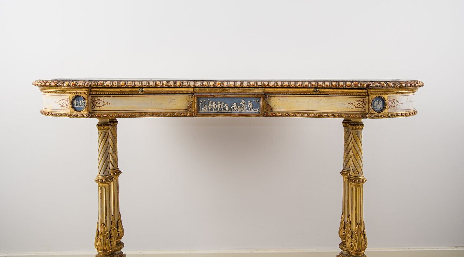 19th Century French Kidney Shaped Giltwood Writing Table With Painted Decoration photo for sale