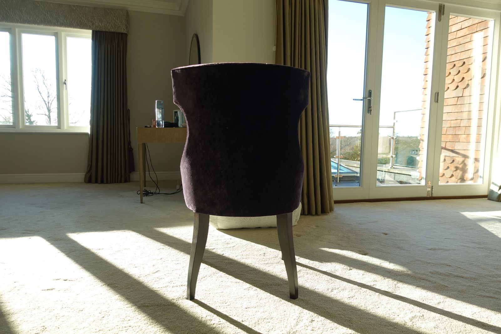 Luxury Upholstered Dark Purple Accent Chair, Solid Deep Brown Wooden Legs photo vinterior