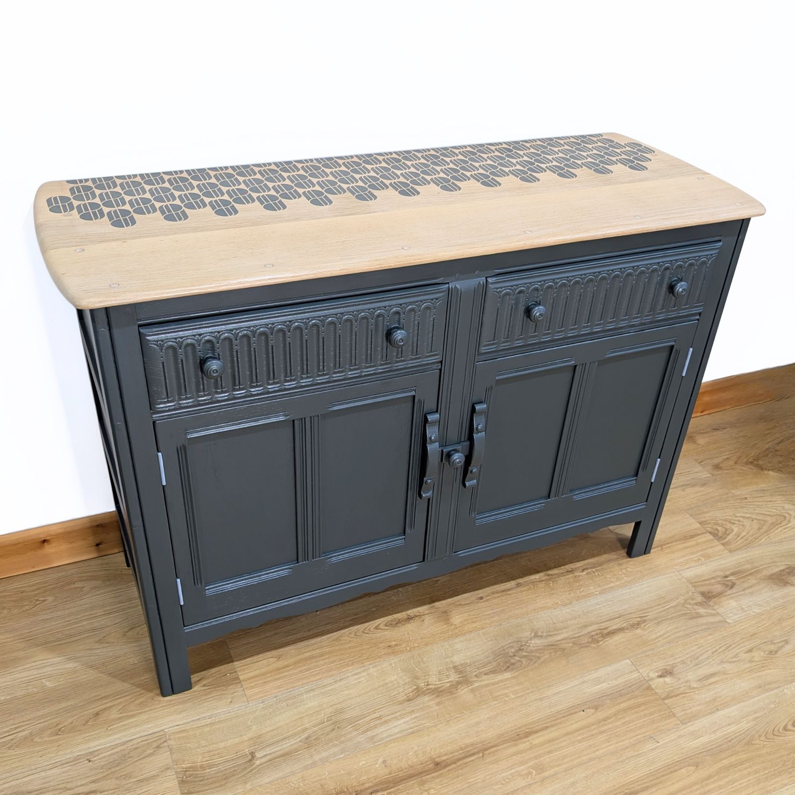 Ercol Sideboard, Old Colonial Range, Painted Neutral Dark Green, Retro Stencilled Wood Top photo vinterior