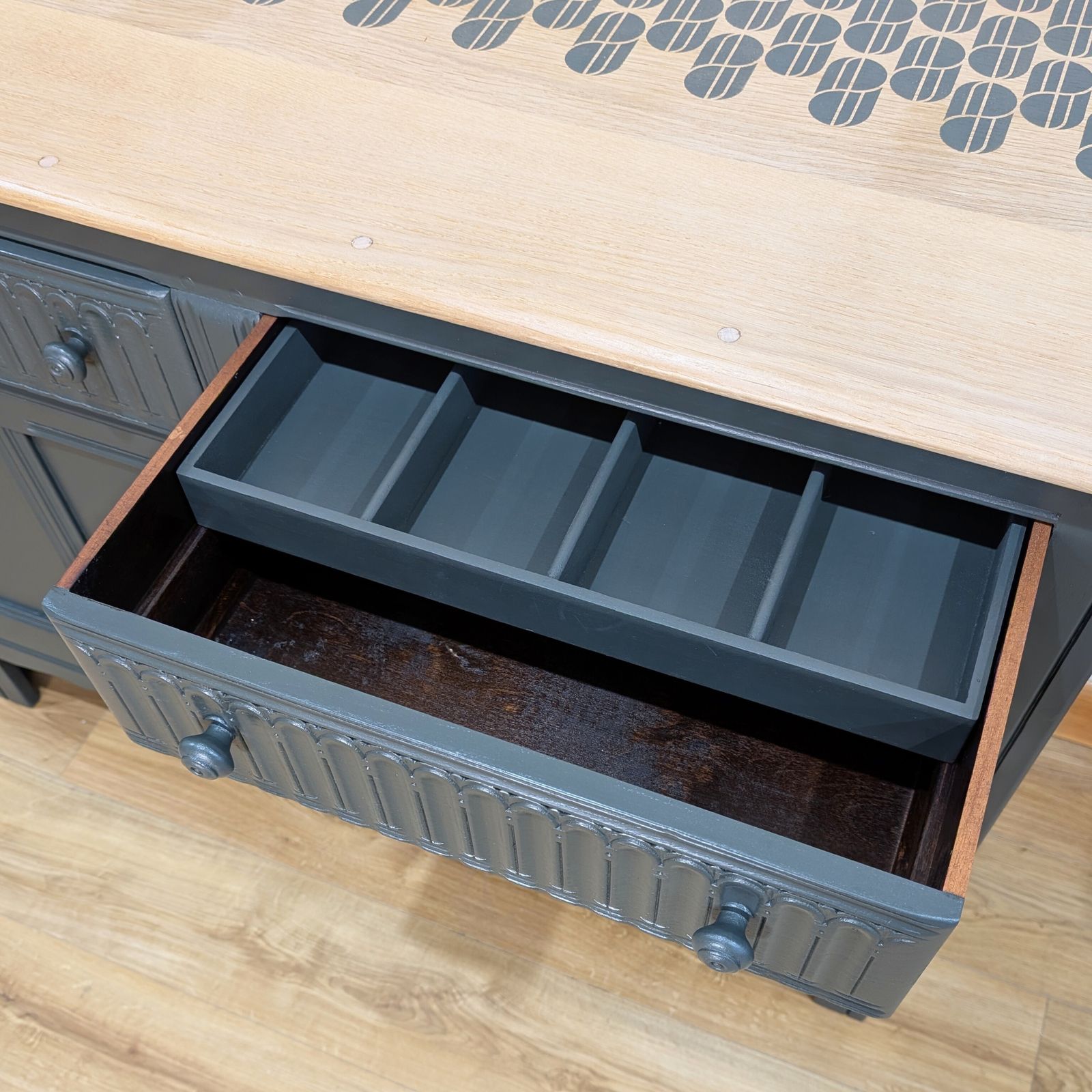 photo for sale Ercol Sideboard, Old Colonial Range, Painted Neutral Dark Green, Retro Stencilled Wood Top