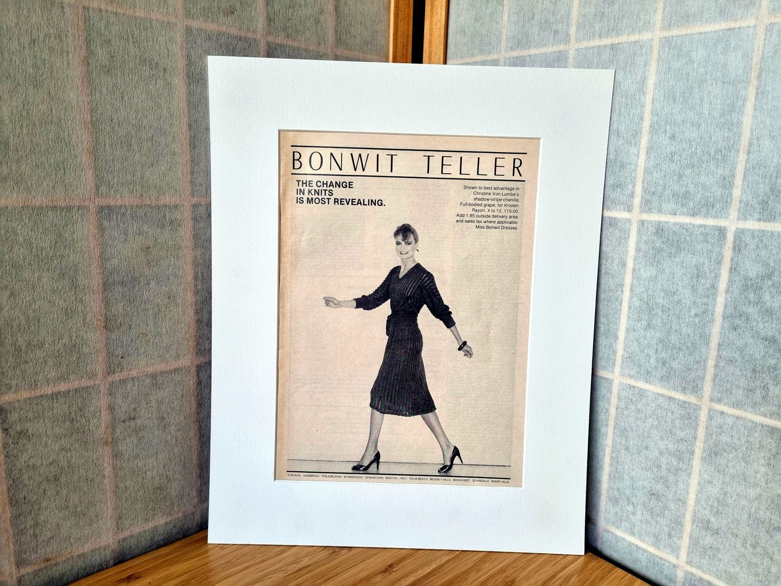 Fashion Advertising Print Art, Bonwit Teller Knit Dress Advertisement, 1970s Department Store Magazine Print Mounted