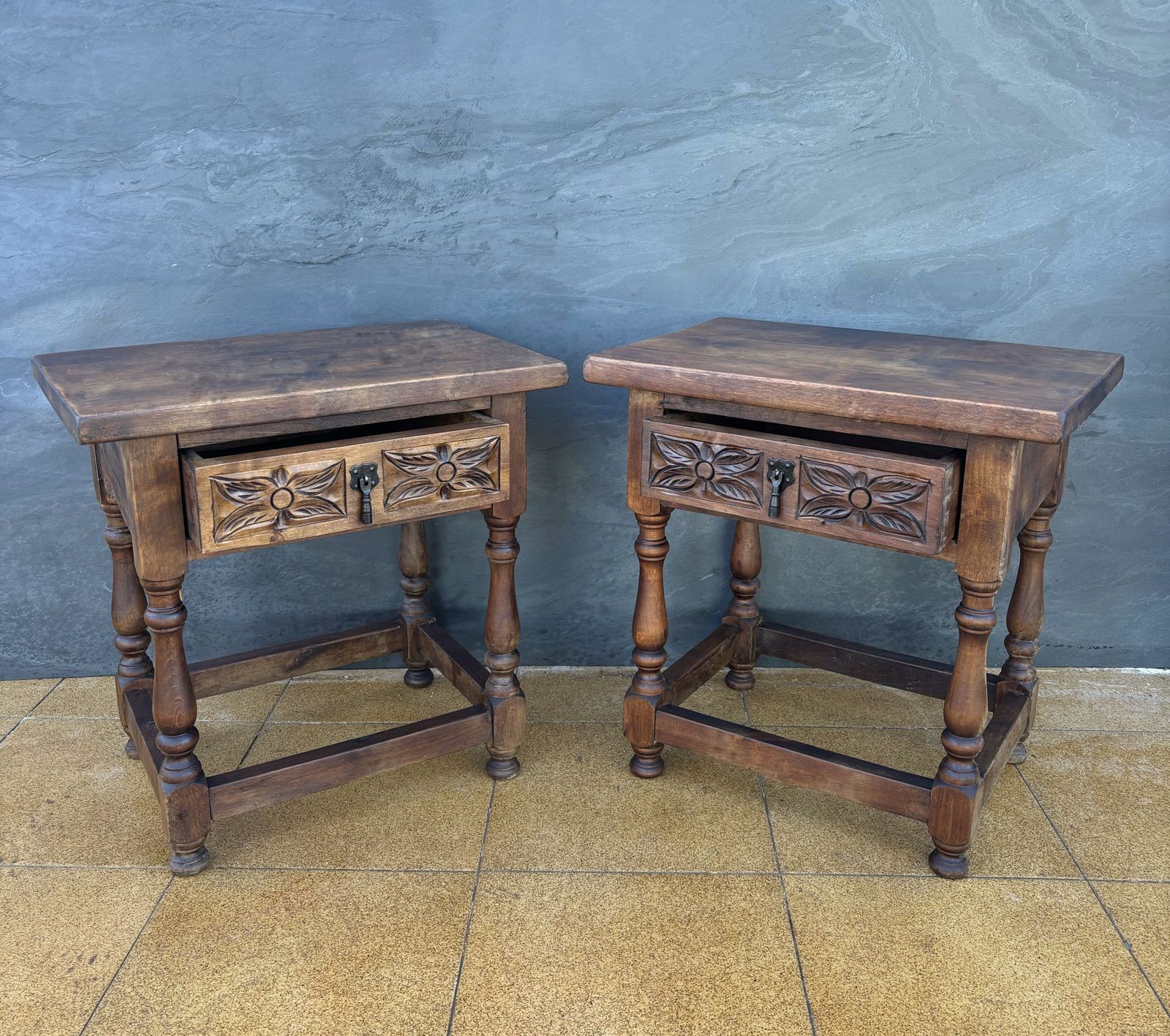 Pair Of Spanish Rustic Oak Bedside Tables With Carved Drawers, Mid 20th Century photo for sale