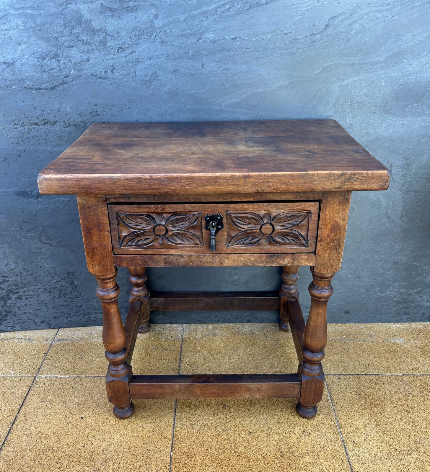 Pair Of Spanish Rustic Oak Bedside Tables With Carved Drawers, Mid 20th Century photo buy