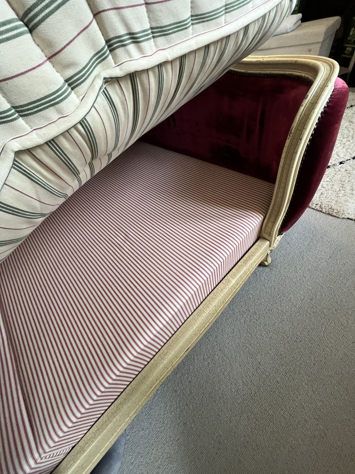 Stunning Antique French Louis XV Demi Corbeille Double Bed With Bespoke Red Ticking Base Included photo for sale