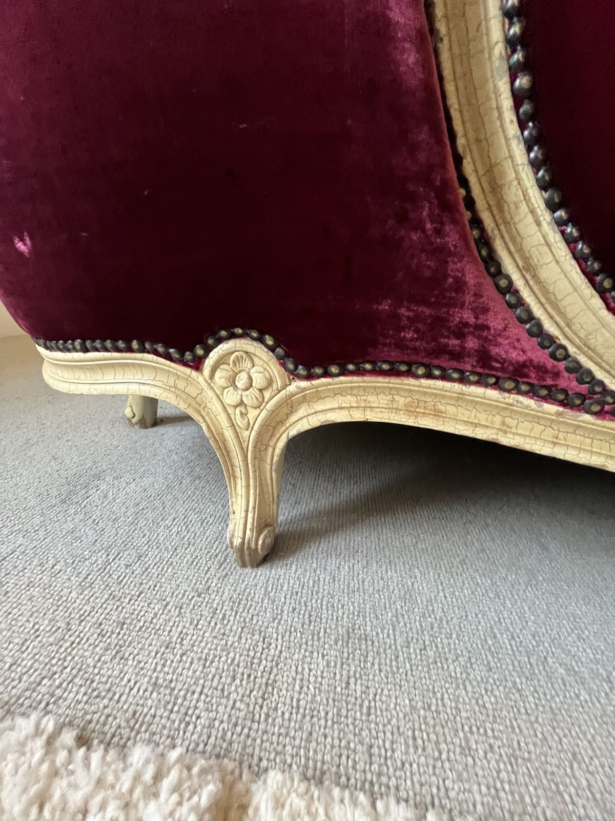photo furniture Stunning Antique French Louis XV Demi Corbeille Double Bed With Bespoke Red Ticking Base Included