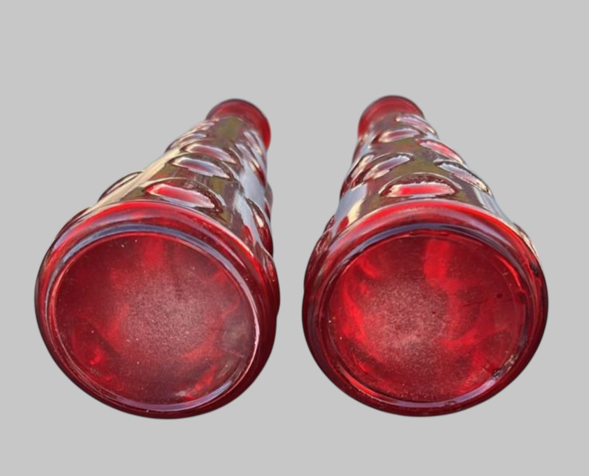 A Pair Of Cranberry Glass Bud Vases photo for sale