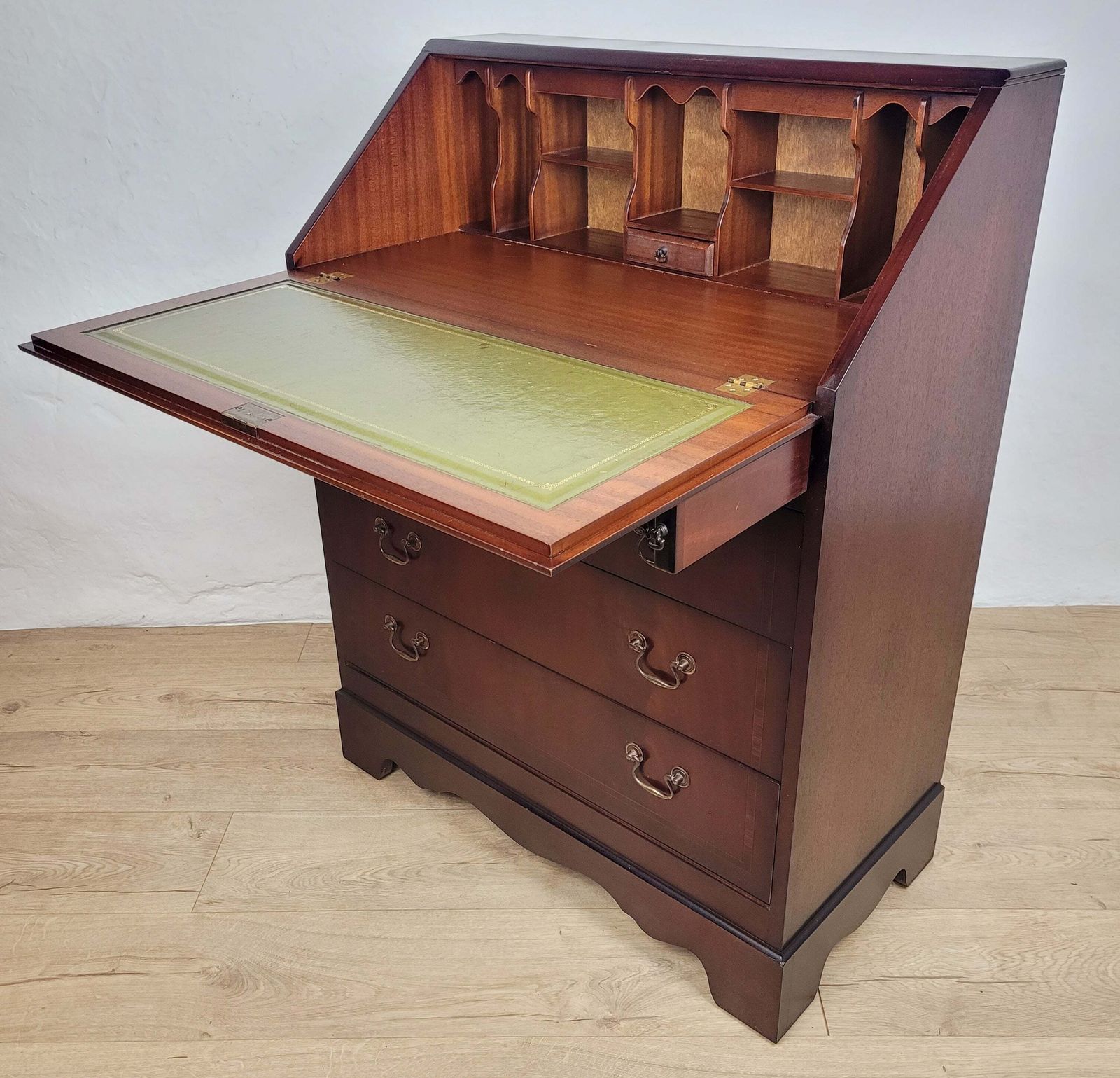 Writing Bureau Desk 20th C Green Leather Top Drop Handles photo Furniture