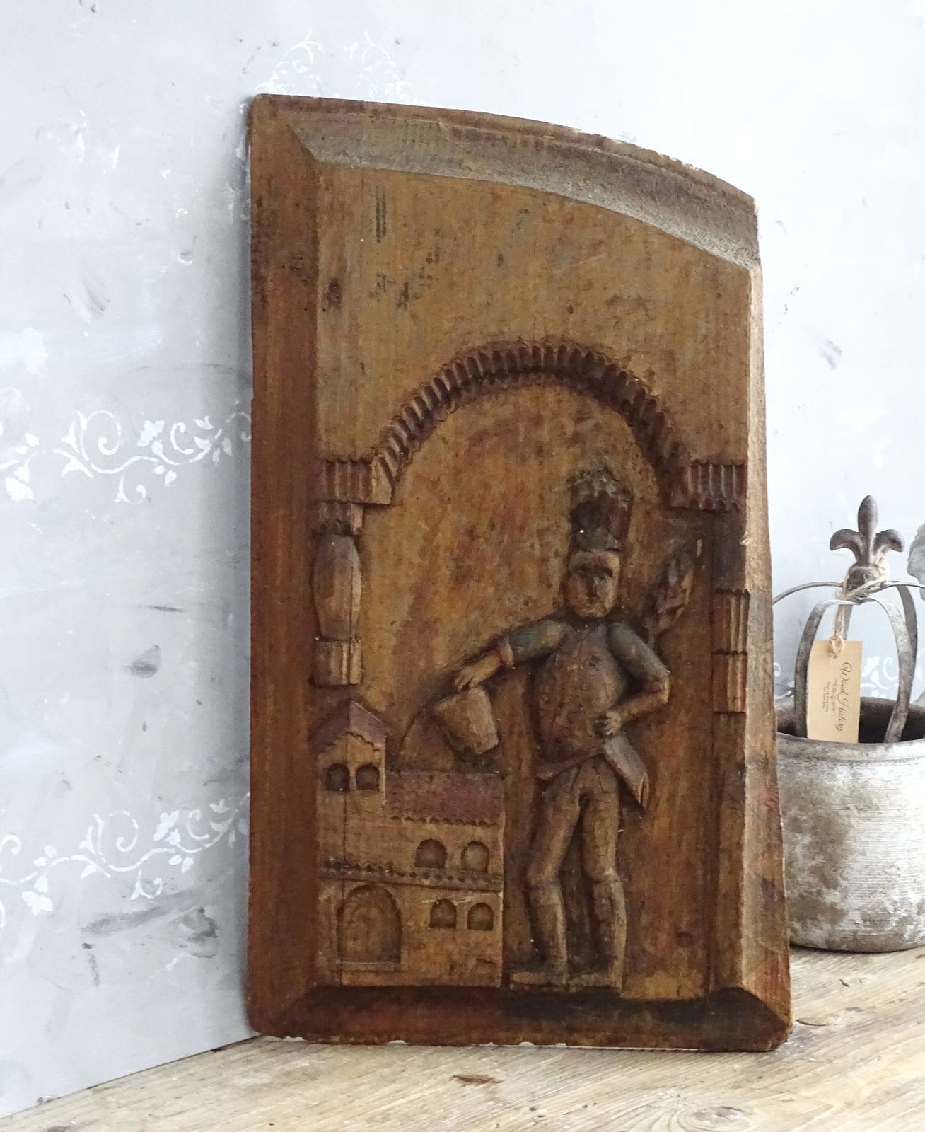 Art Saint Florian Hand Carved Wooden Panel, Rustic Primitive Carving Folk Art Plaque photo
