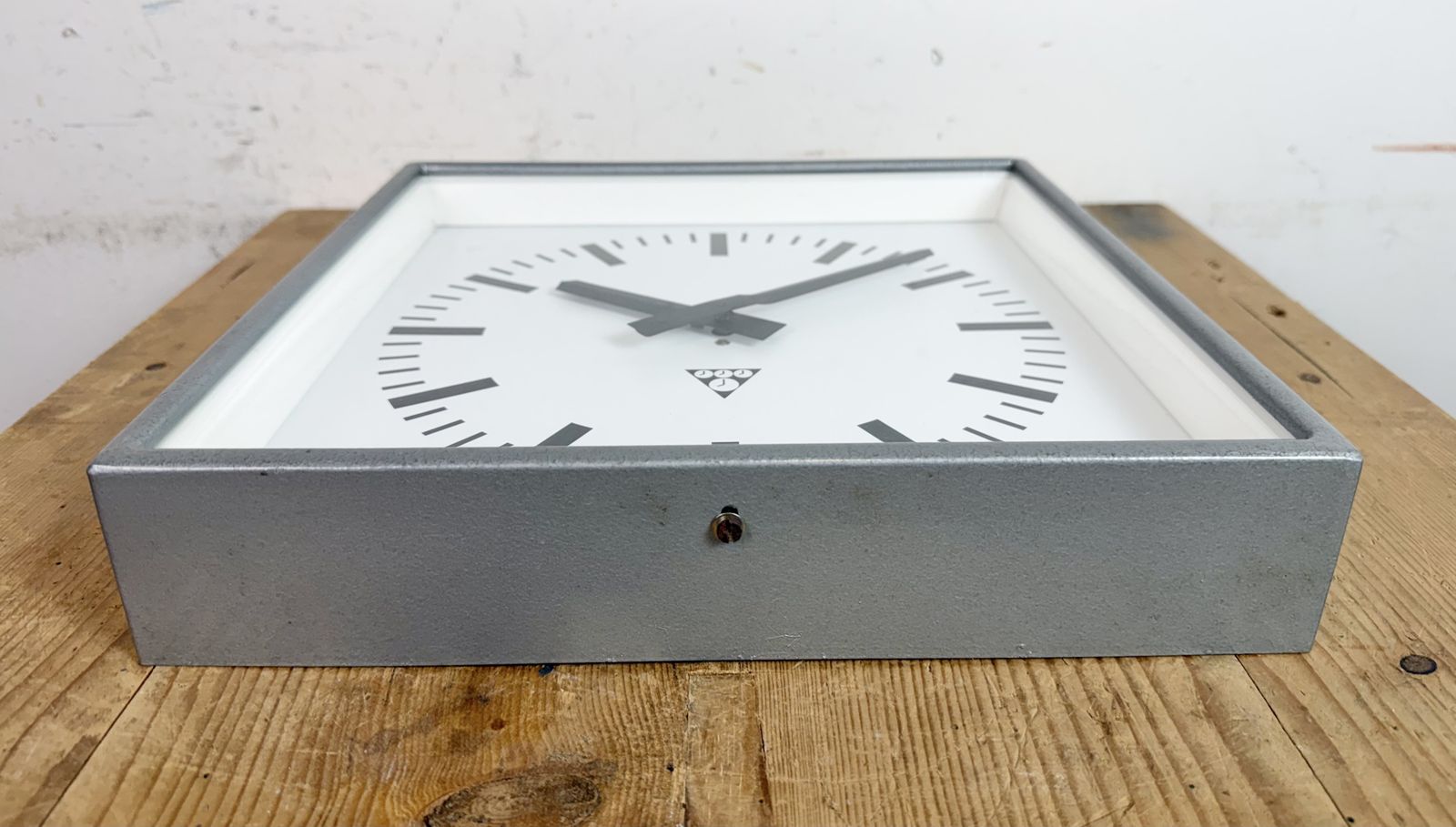 Grey Industrial Square Wall Clock From Pragotron, 1970s photo for sale
