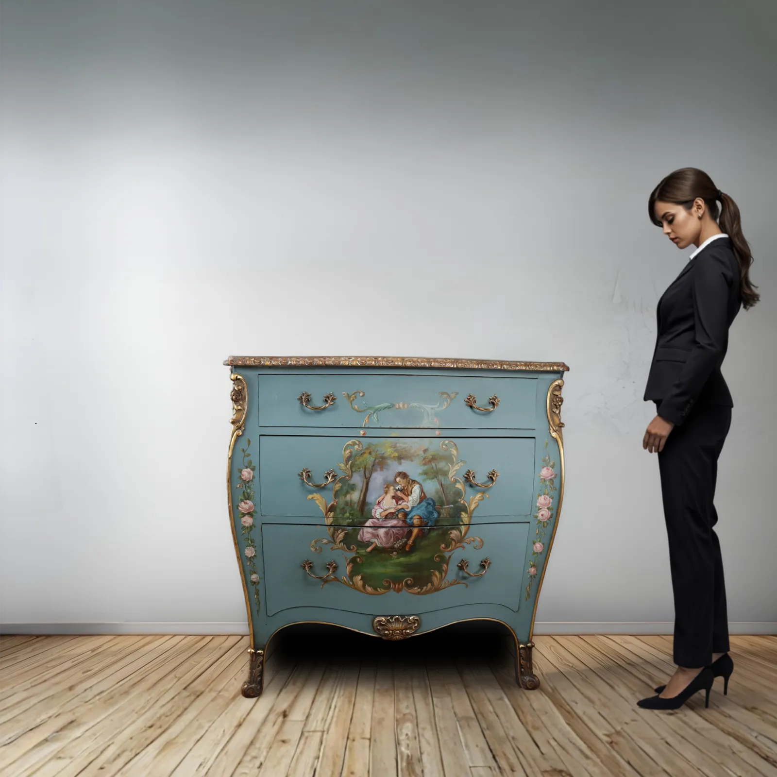 Antique French Painted, 'Angelica Kauffman' Style Mahogany Chest Of Drawers photo for sale