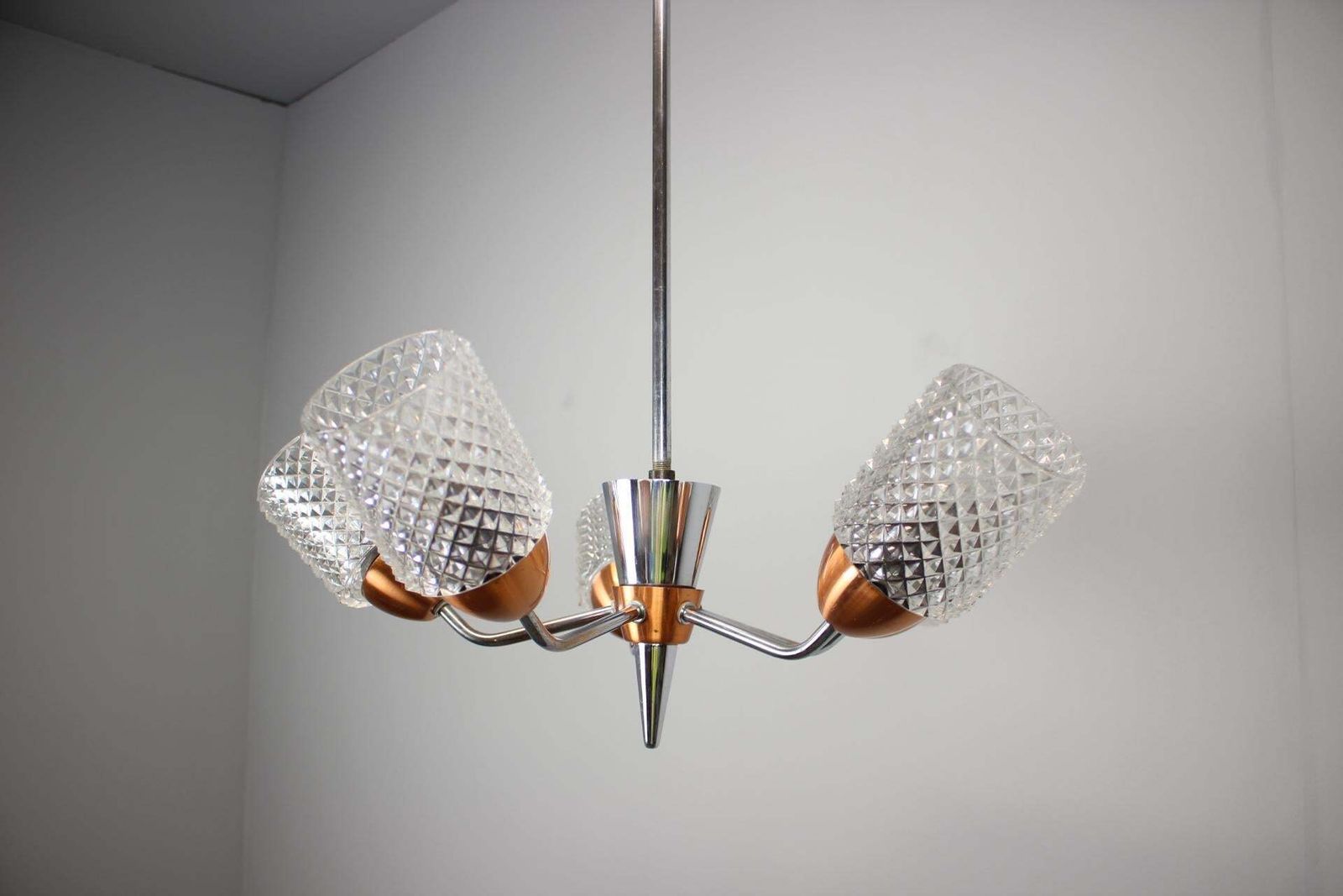 Drukov Brno Glass And Chrome Chandelier, Czechoslovakia, 1970s photo for sale