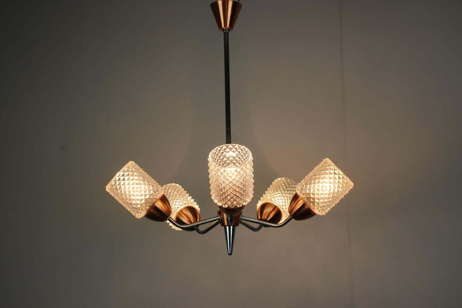 photo for sale Drukov Brno Glass And Chrome Chandelier, Czechoslovakia, 1970s