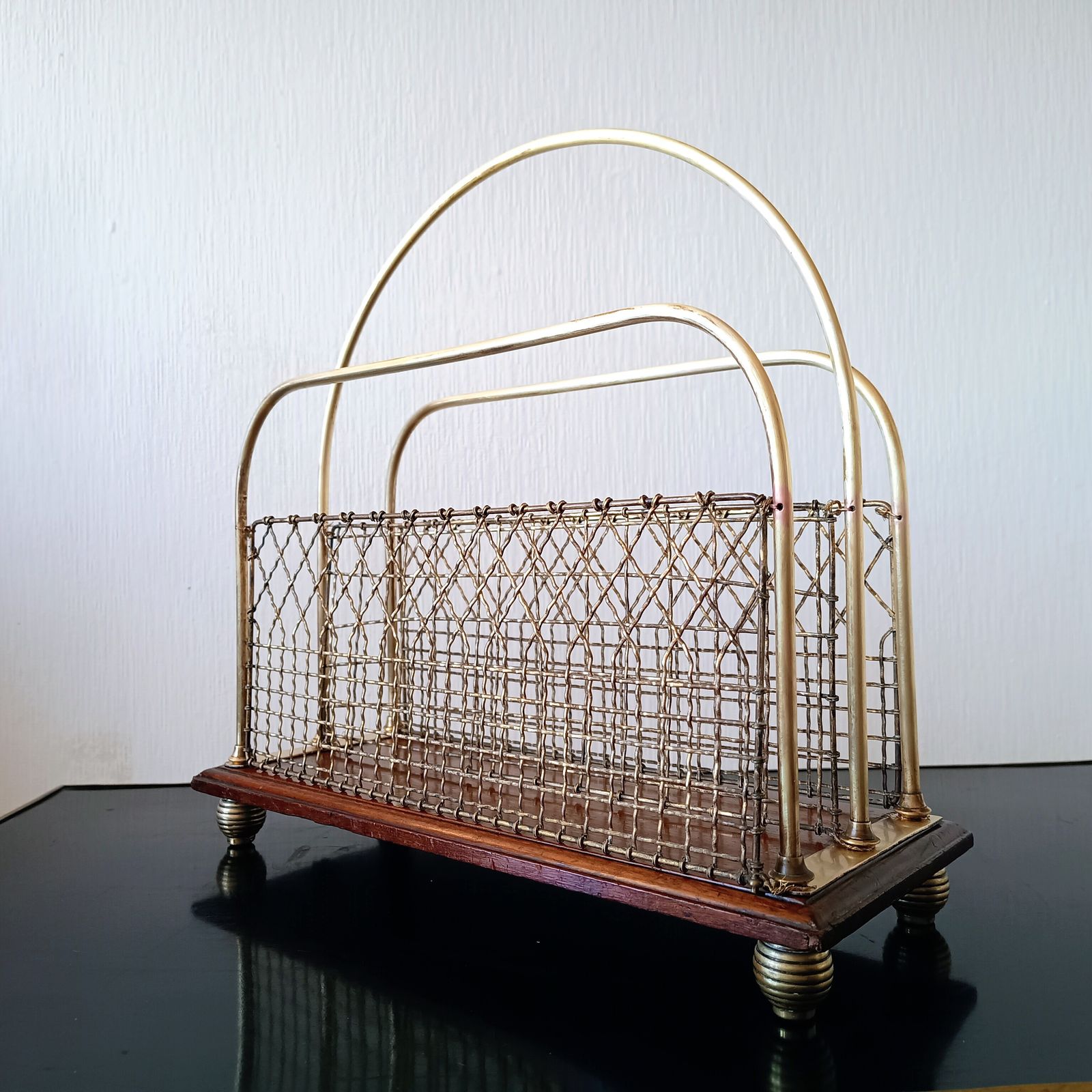 photo furniture Arts And Craft S Hall Brass And Mahogany Paper Stand Or Magazine Rack 1890 1910