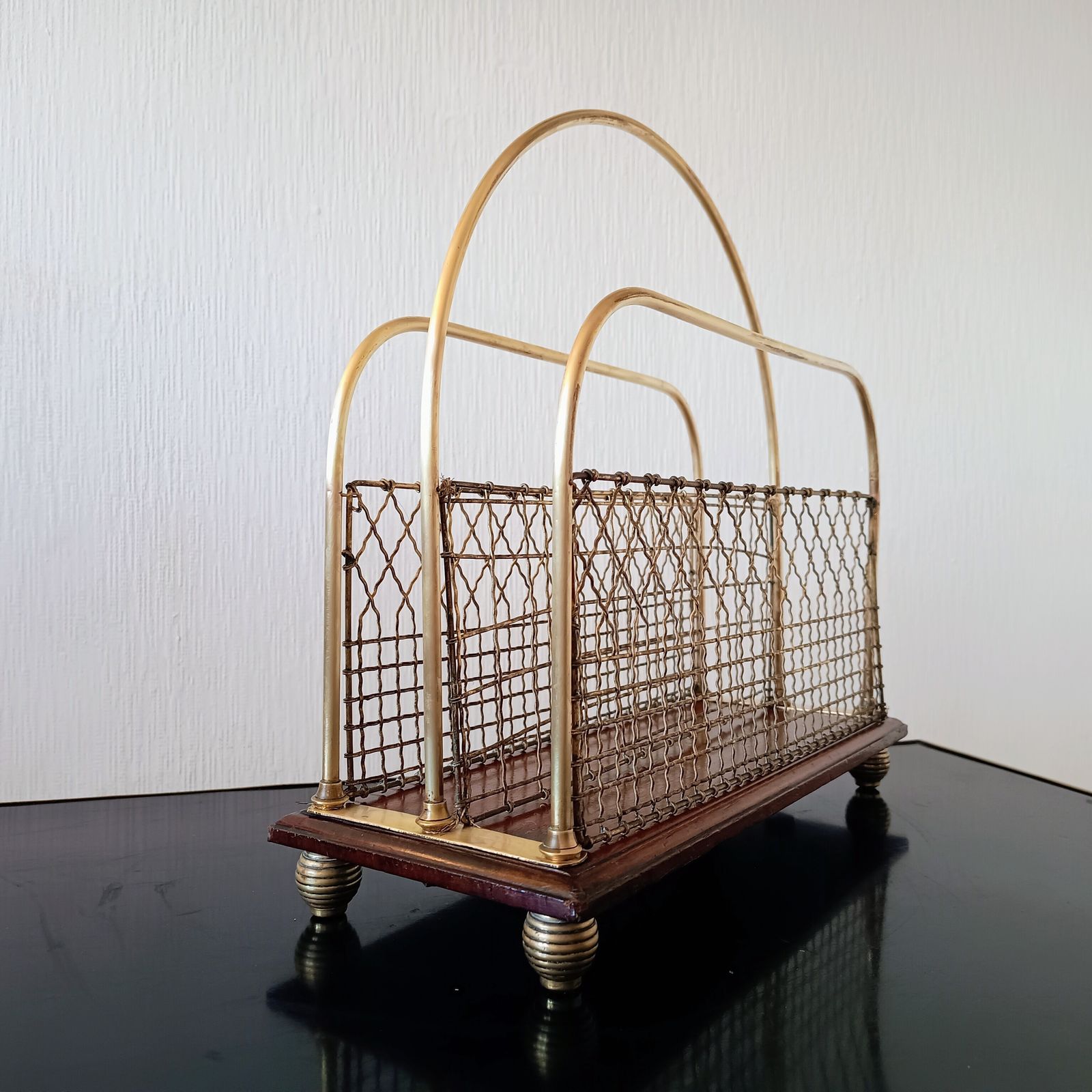 photo for sale Arts And Craft S Hall Brass And Mahogany Paper Stand Or Magazine Rack 1890 1910