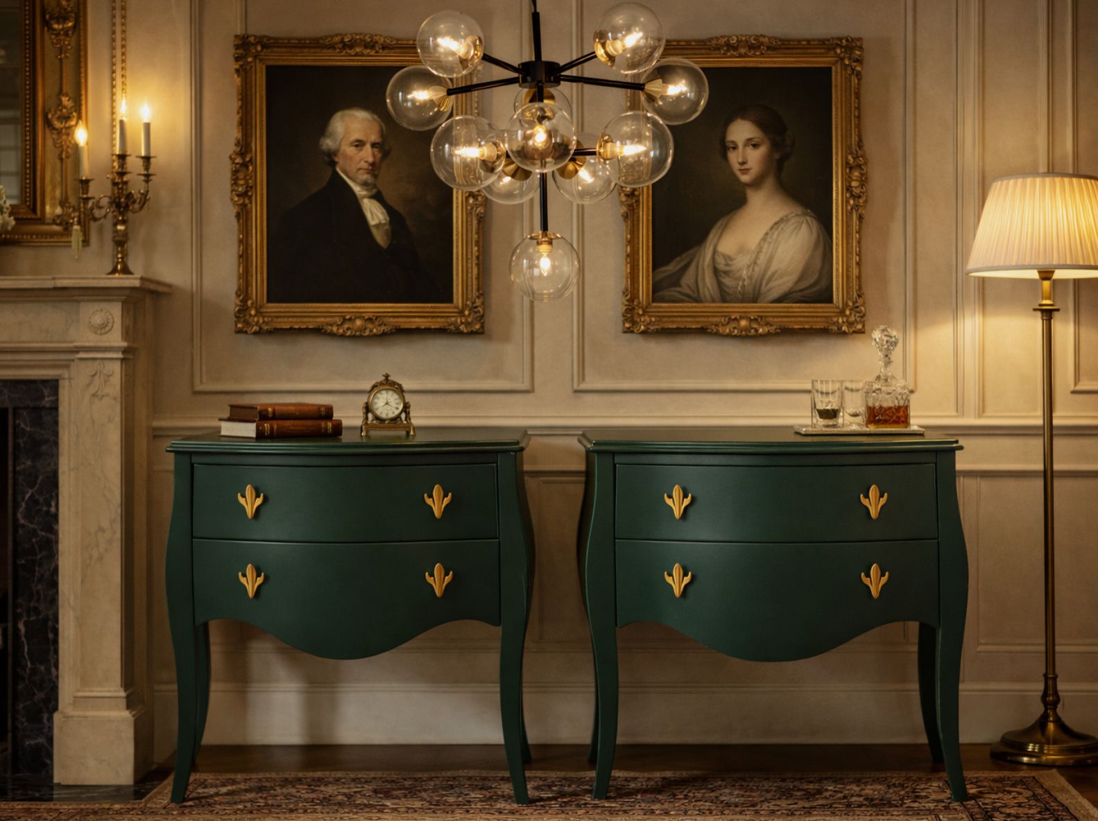 Dark Green French Commodes Pair Cactus Knob Vintage Style Wooden Chest Of Drawer