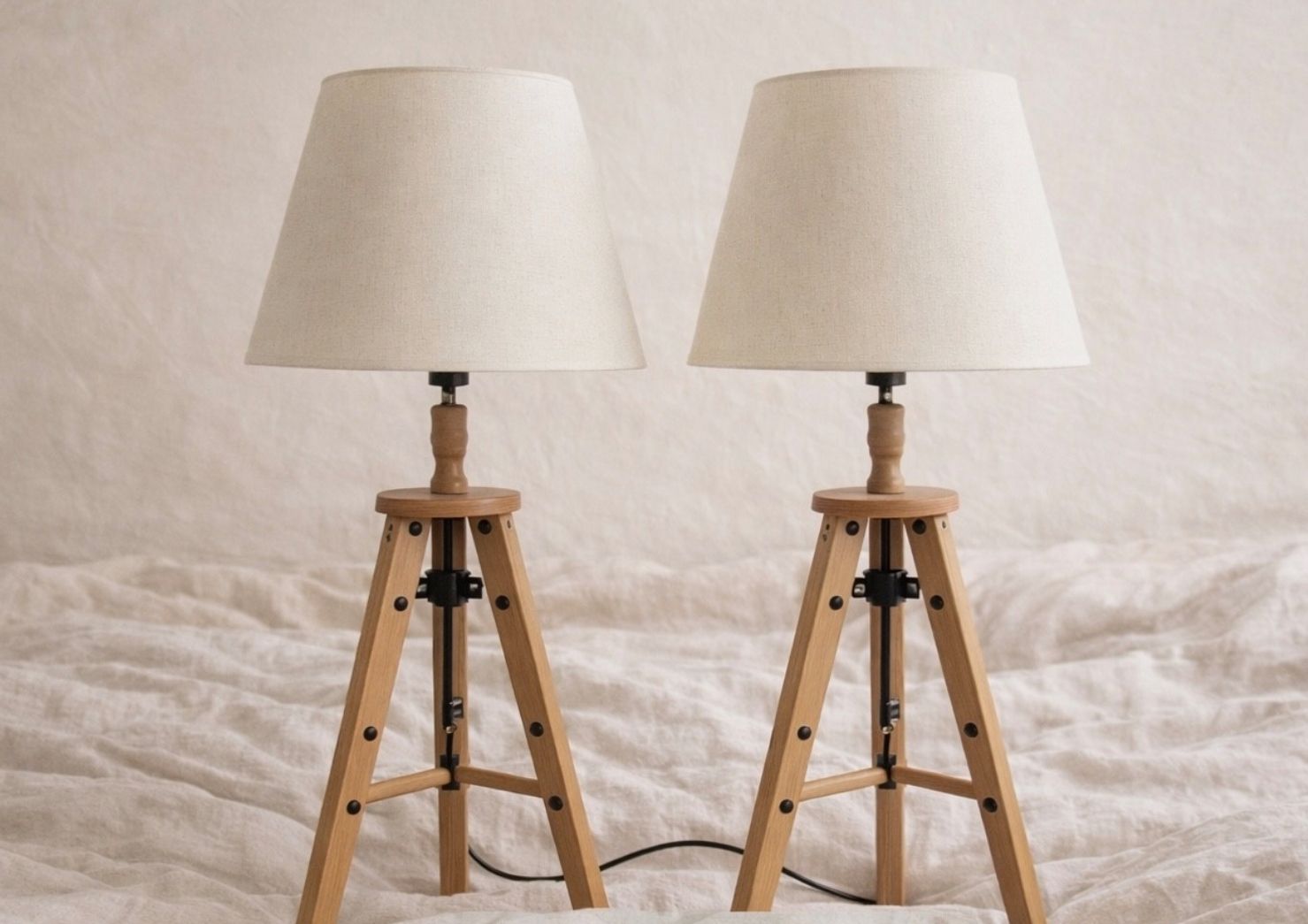 Pair 2pcs Set Wooden Tripod Table Lamp Linen Shades By Hill Interiors photo furniture