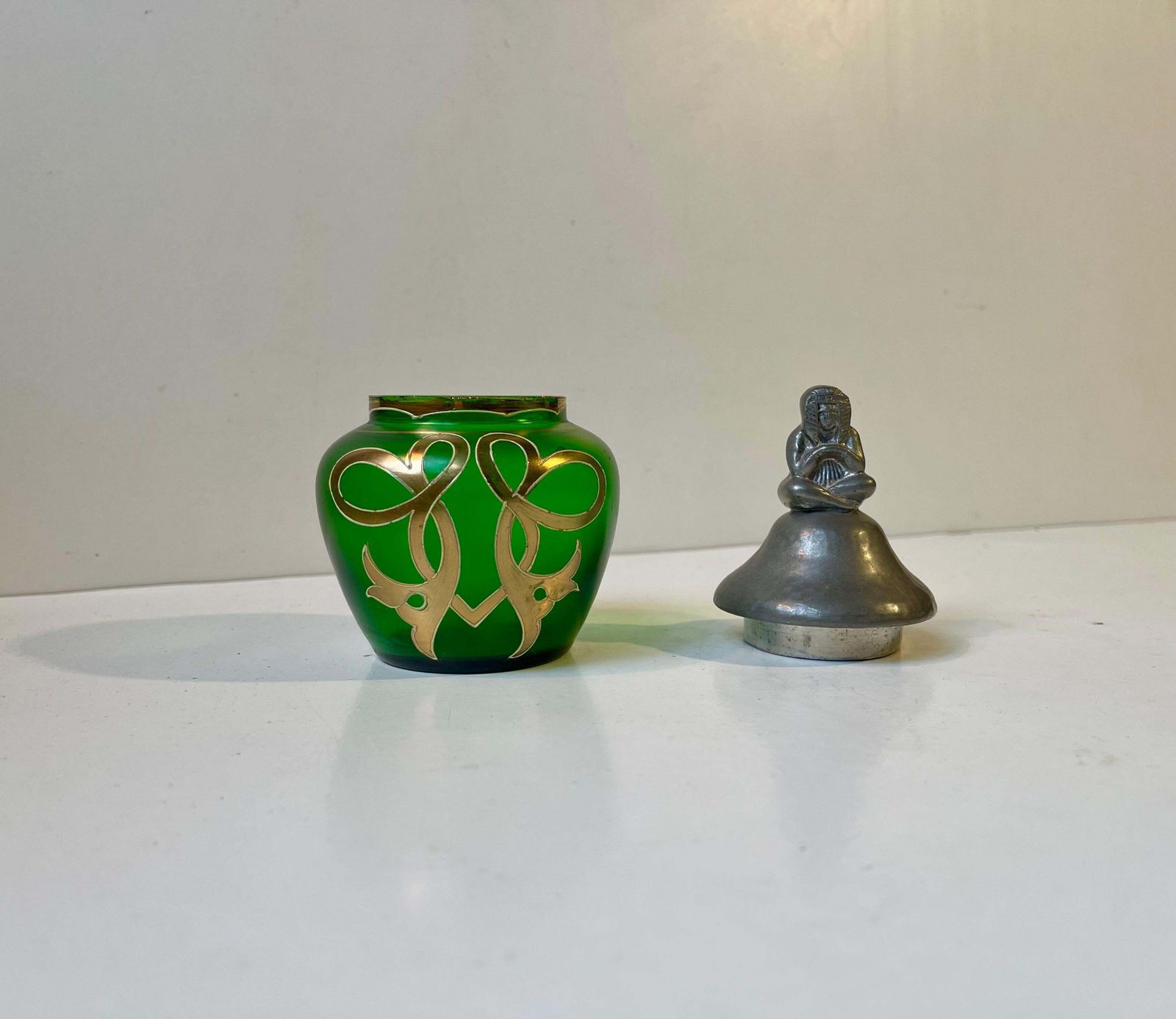 Eclectic French Jugend Vanity Trinket Jar In Green Glass & Pewter Pharaoh Lid photo furniture