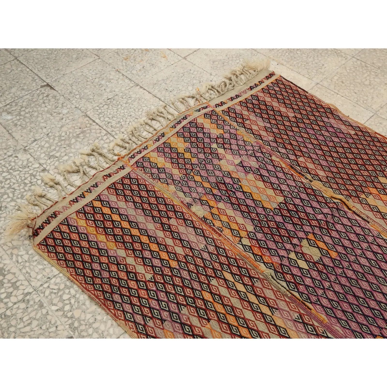 1960s Turkish Wool Jajim Kilim Rug 4'2" X 4'12" photo Textiles