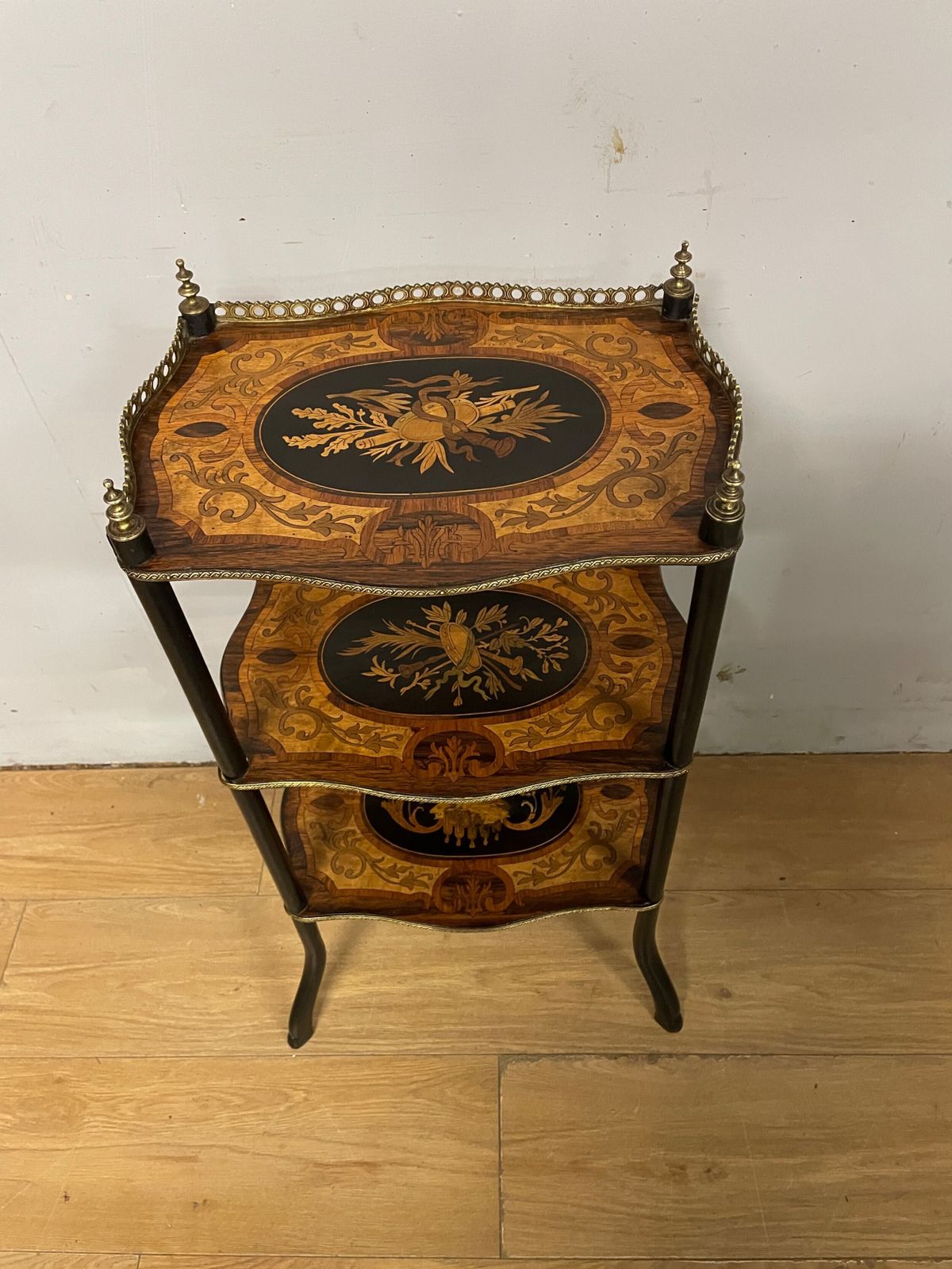 French Inlaid Marquetry Ormolu Mounted Three Height Etagere Circa 1910 photo for sale