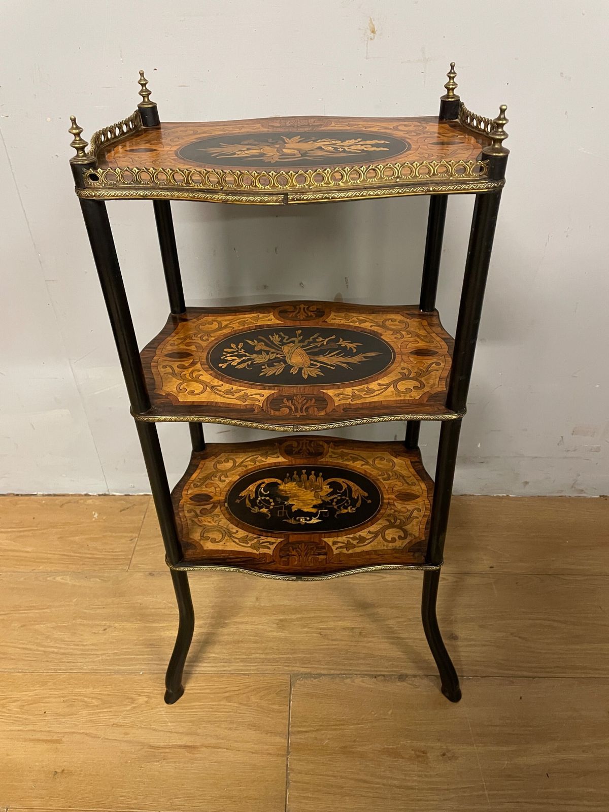 photo for sale French Inlaid Marquetry Ormolu Mounted Three Height Etagere Circa 1910
