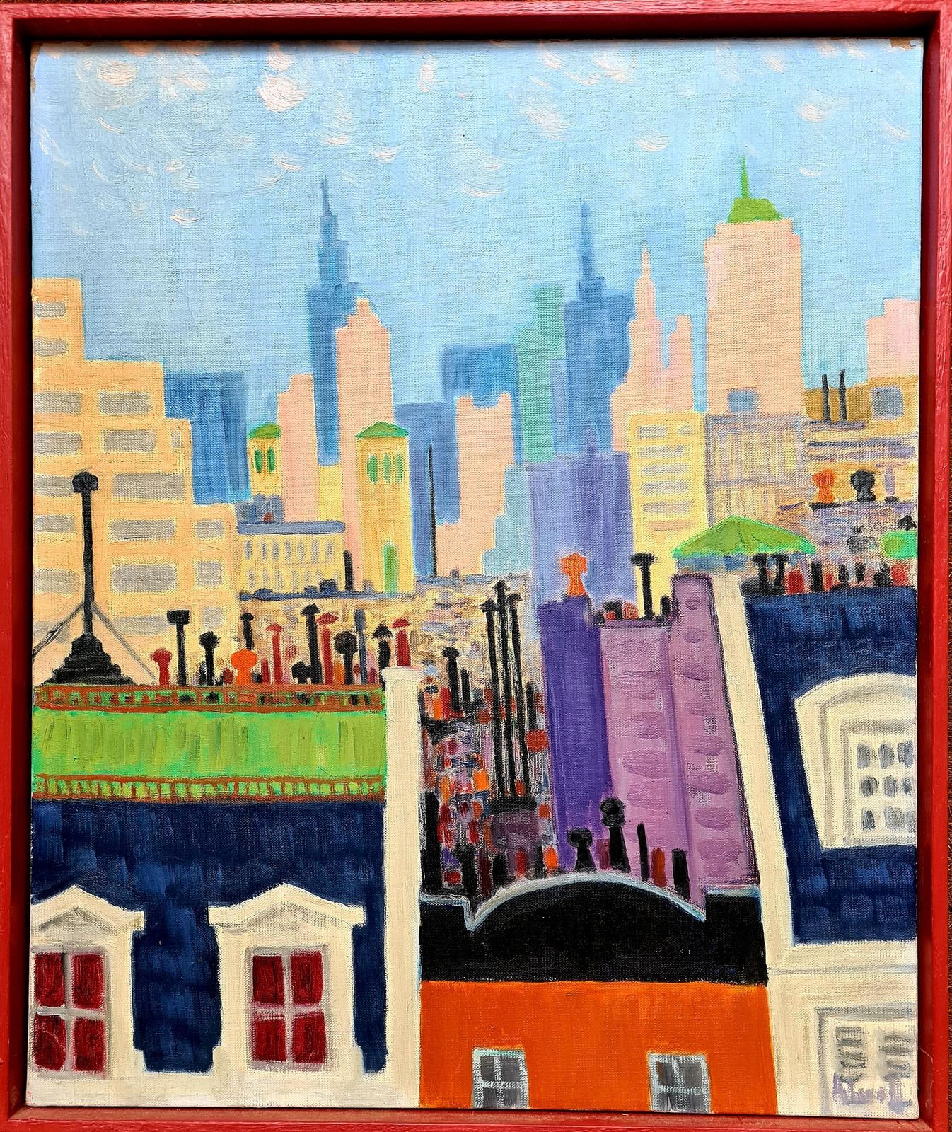 New York City Skyline, Mid Century Oil On Canvas By Nobel Laureate André Michael Lwoff, 1960s