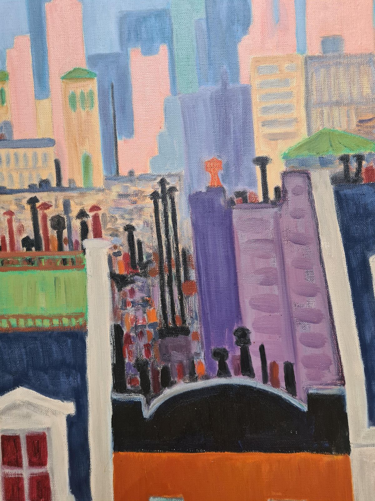 New York City Skyline, Mid Century Oil On Canvas By Nobel Laureate André Michael Lwoff, 1960s photo for sale