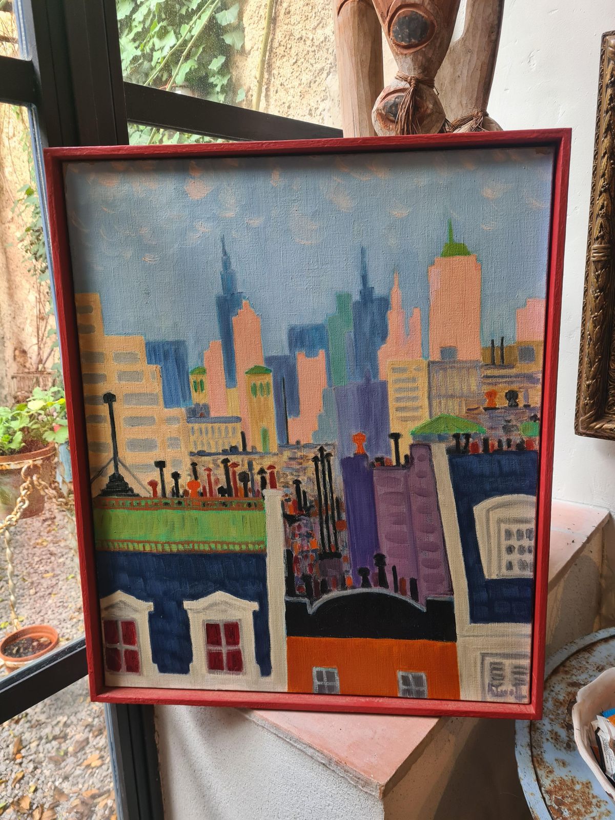 photo furniture New York City Skyline, Mid Century Oil On Canvas By Nobel Laureate André Michael Lwoff, 1960s