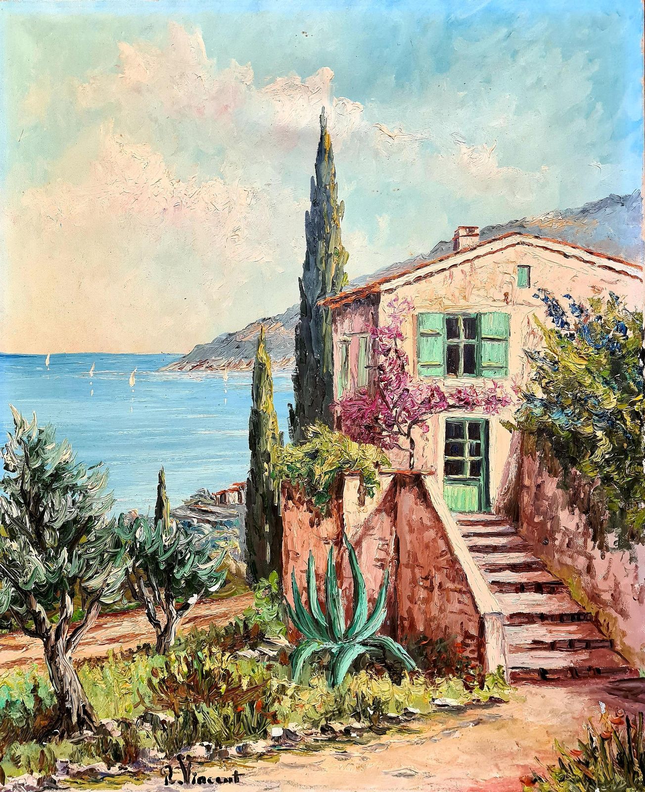 The Cottage At The Mediterranean: Late 20th Century French Oil Painting By Vincent Rallo