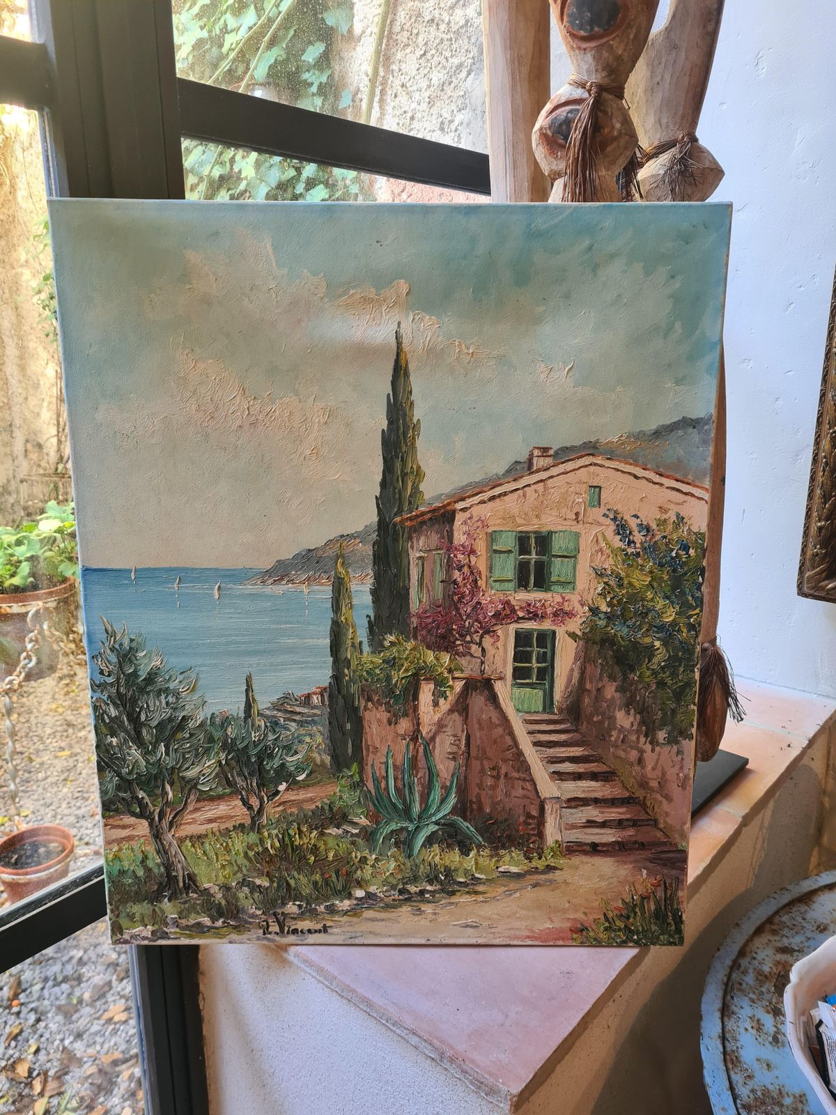 The Cottage At The Mediterranean: Late 20th Century French Oil Painting By Vincent Rallo photo vintage