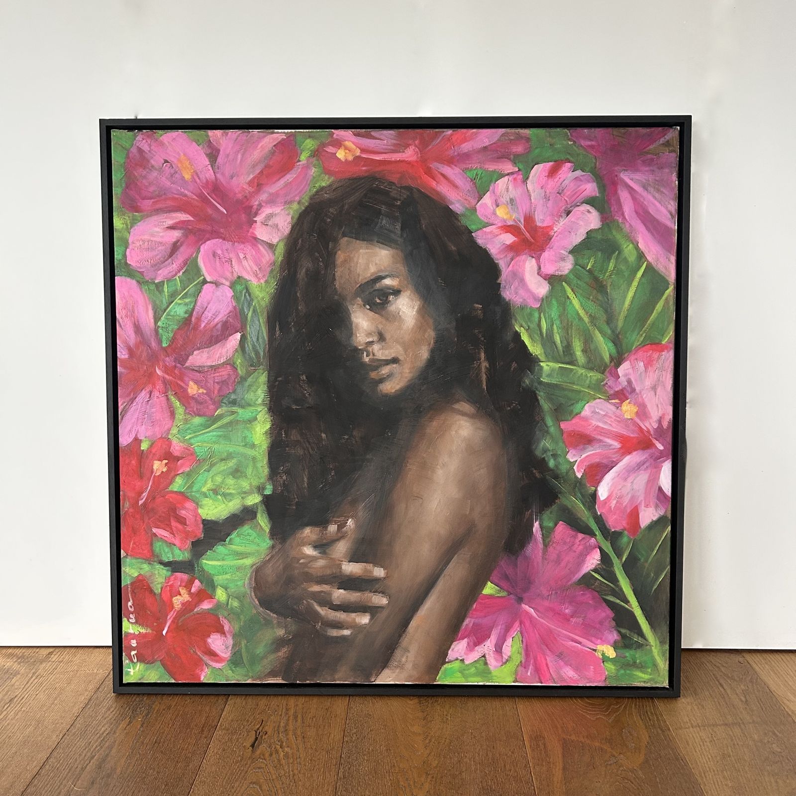 Very Large Framed Original Oil On Canvas Painting Of A Tahitian Girl By Pascale Taurua