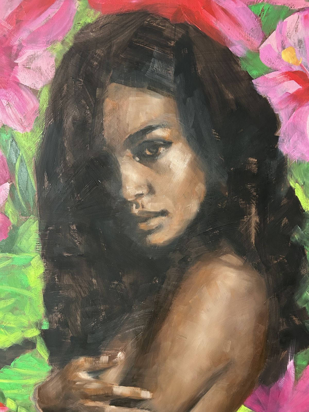 Very Large Framed Original Oil On Canvas Painting Of A Tahitian Girl By Pascale Taurua photo Art