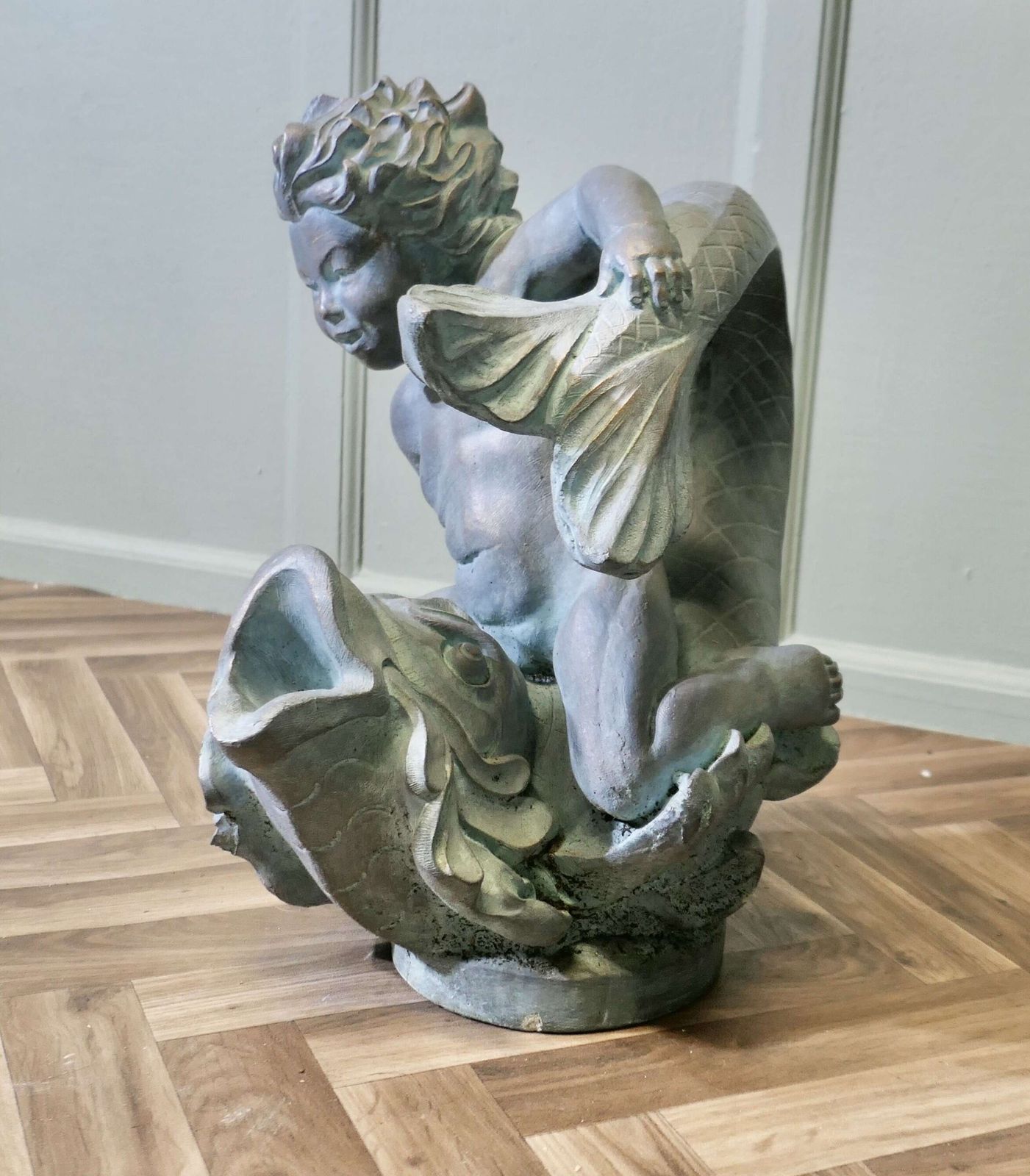 Sculpture Of A Cherub Riding A Fish, Fountain Water Feature A Superb Verdigris Patinated photo for sale