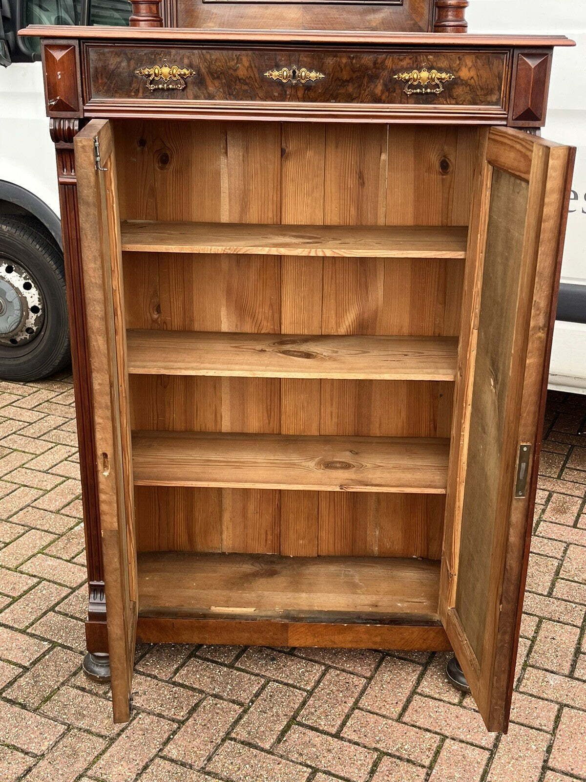 photo vintage Antique Walnut Bookcase / Cupboard With Fitted Shelves & Drawer