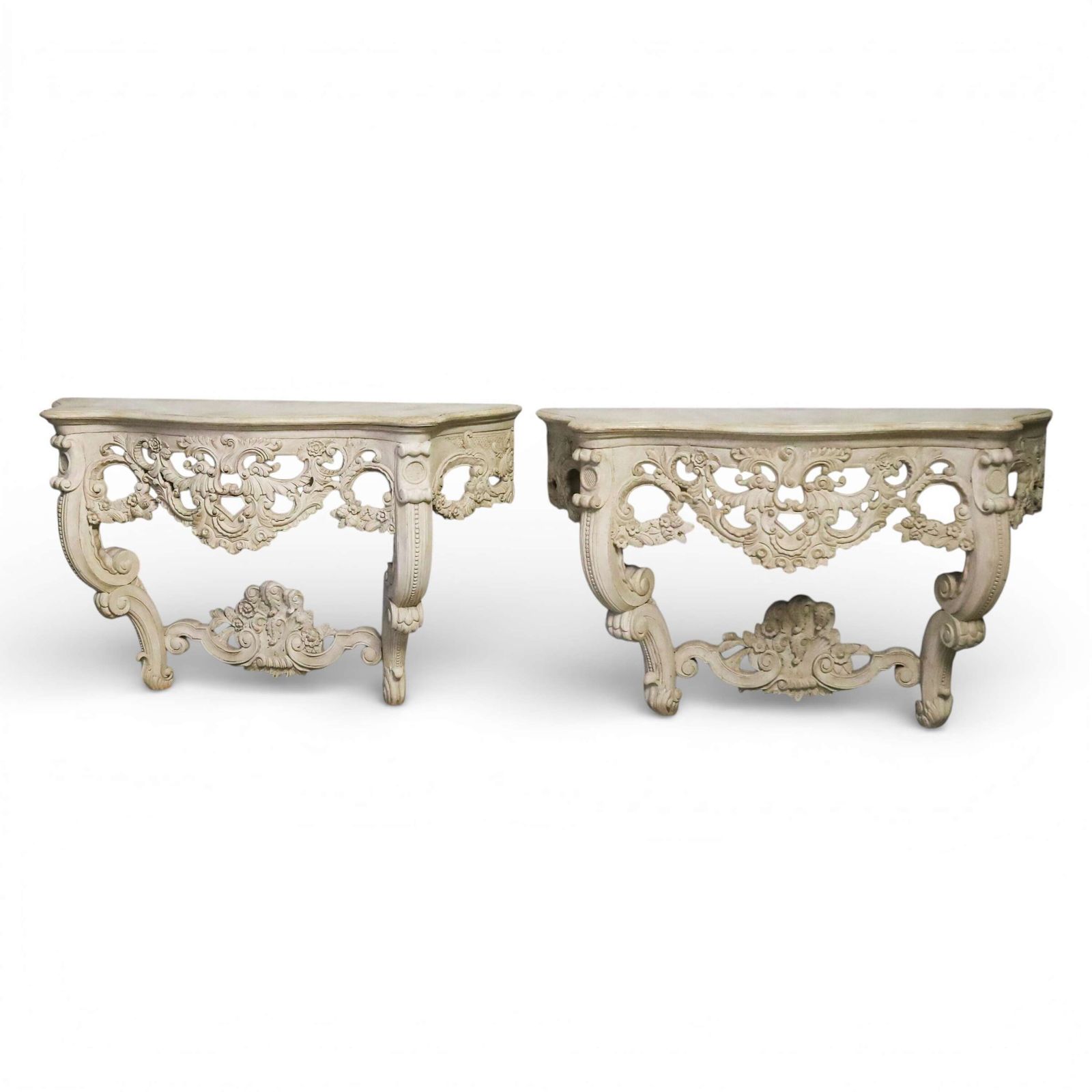 Pair Of 1930s French Hand Carved Wall Console Tables In Antique White Finish photo furniture