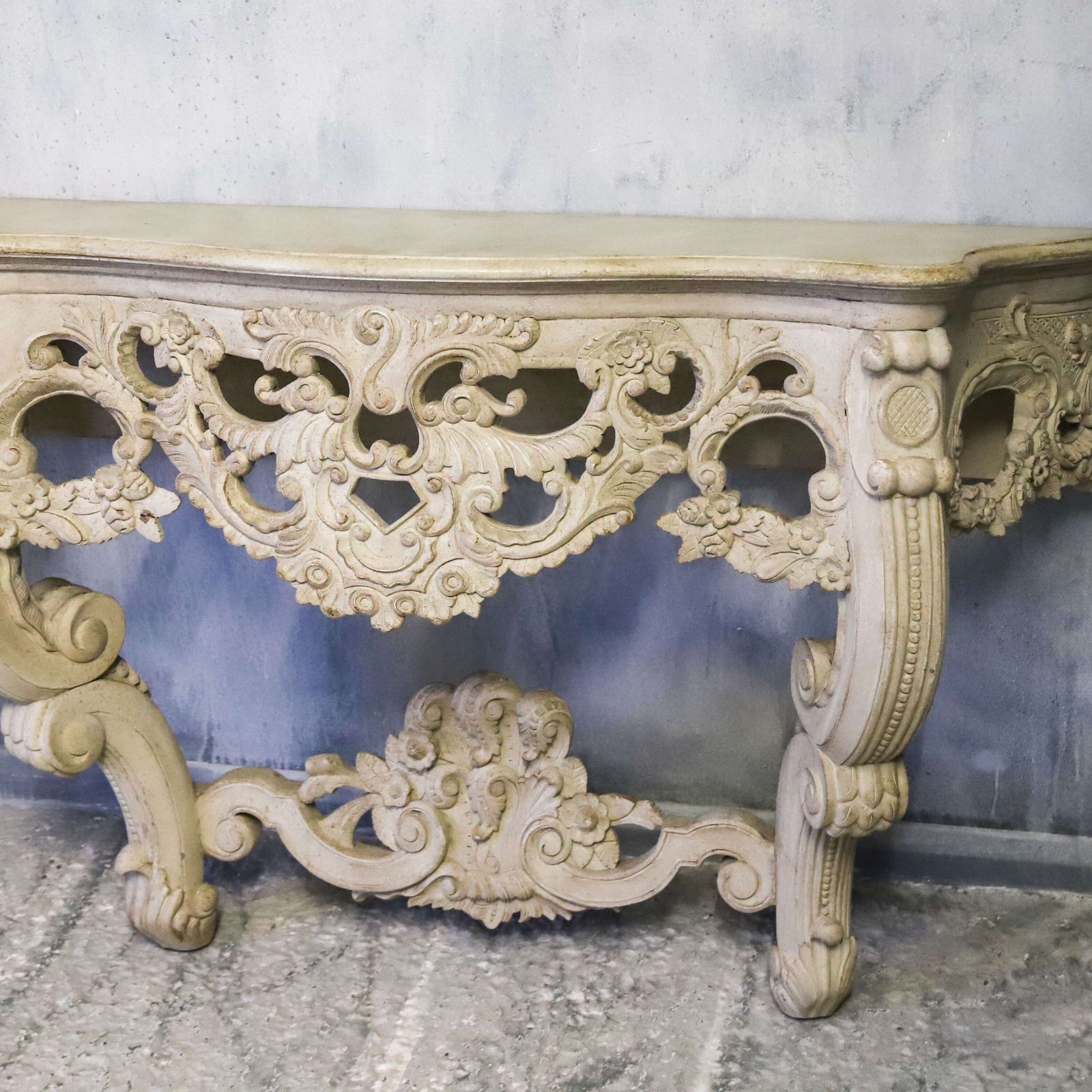 Pair Of 1930s French Hand Carved Wall Console Tables In Antique White Finish photo 2500.0