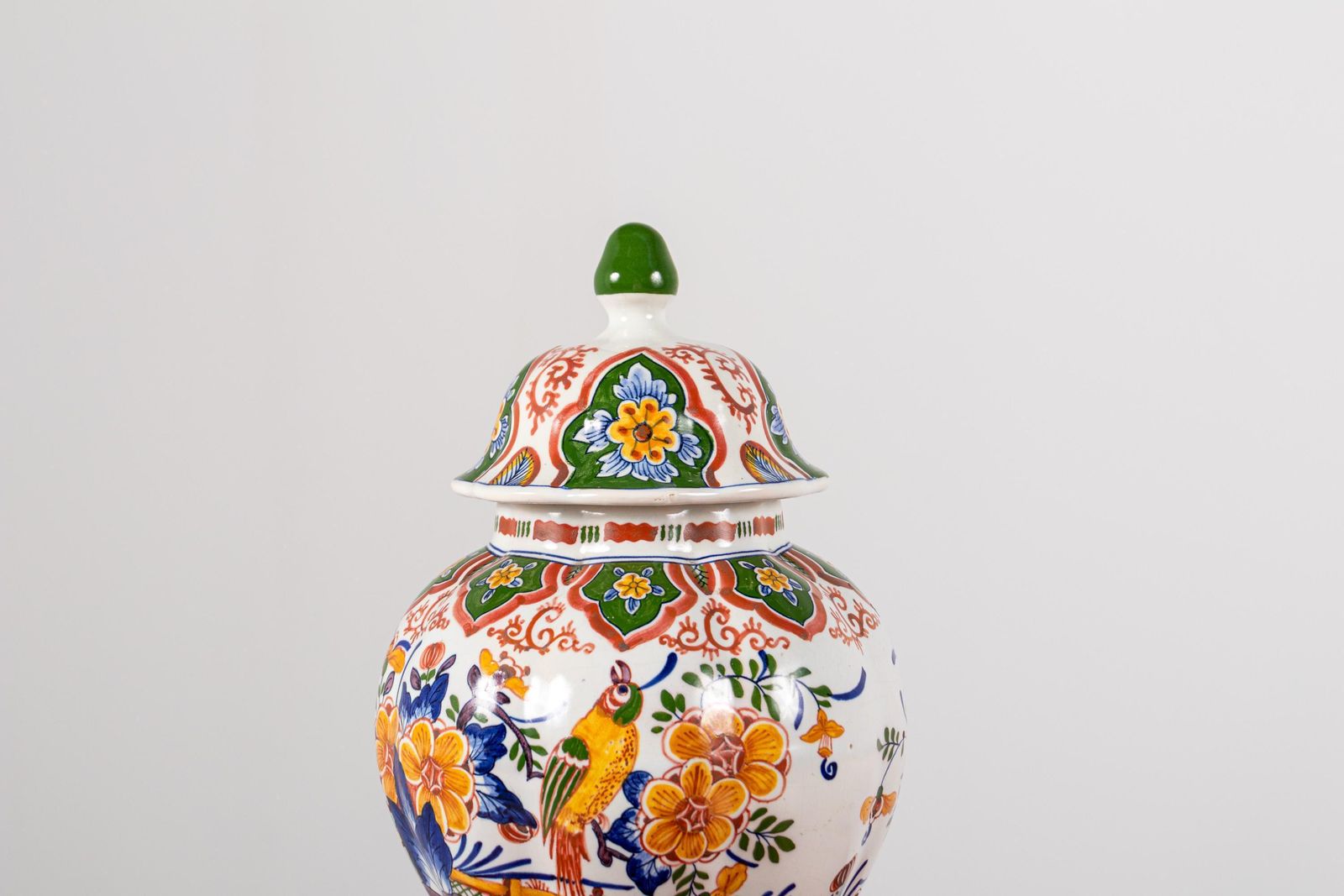 Antique Boch Frères Delft Lidded Vase – Hand Painted Faience With Parrot & Floral Motif photo furniture