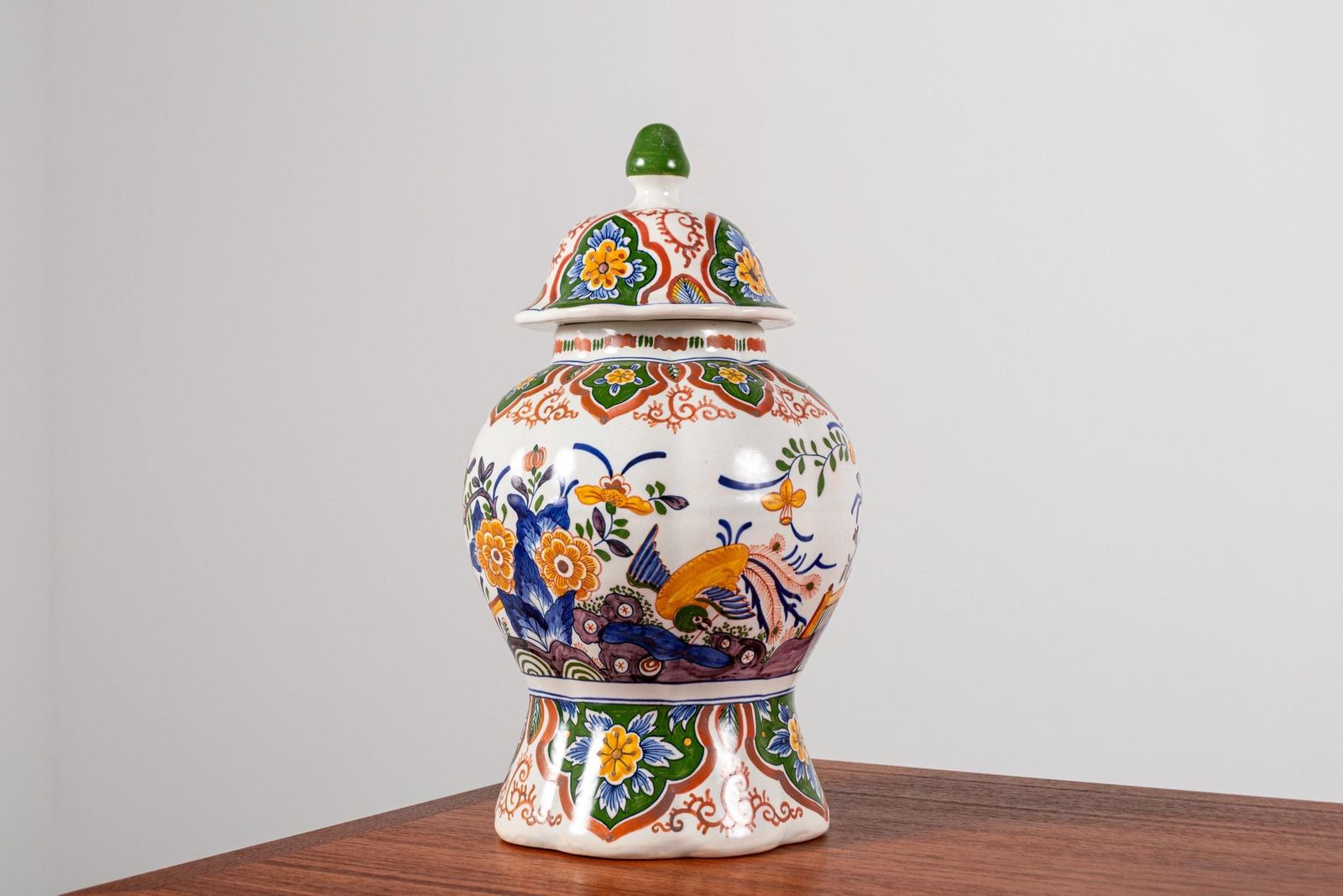 Antique Boch Frères Delft Lidded Vase – Hand Painted Faience With Parrot & Floral Motif photo vintage