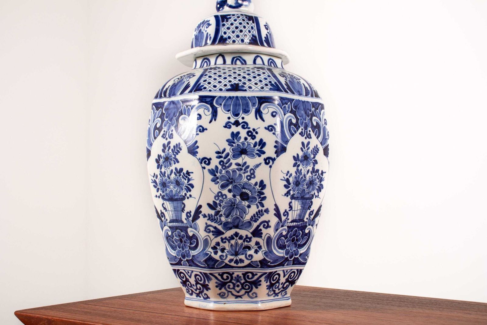 photo for sale Antique 19th Century Boch Freres Jar/Lidded Vase, Hand Painted Delft Blue Vase