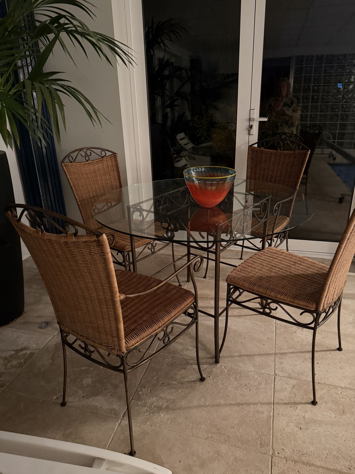 Round Glass Dining Table And 4 Brass & Wicker Chairs photo buy