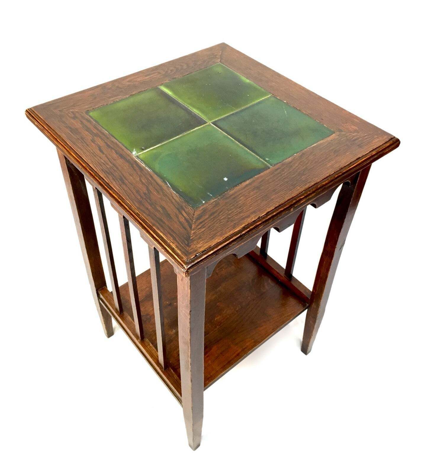 Antique Edwardian Arts And Crafts Oak Occasional / Lamp Table Green Tiles C.1910