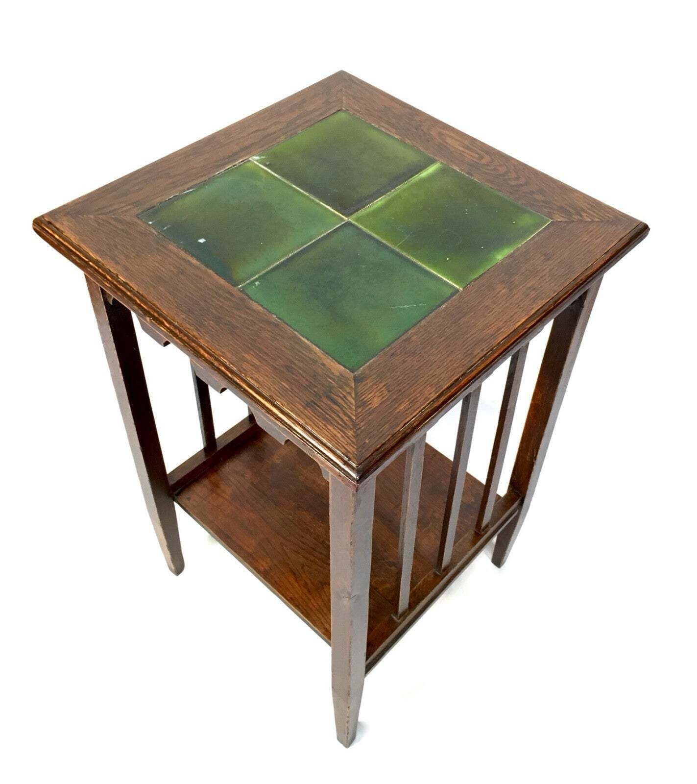 Antique Edwardian Arts And Crafts Oak Occasional / Lamp Table Green Tiles C.1910 photo for sale