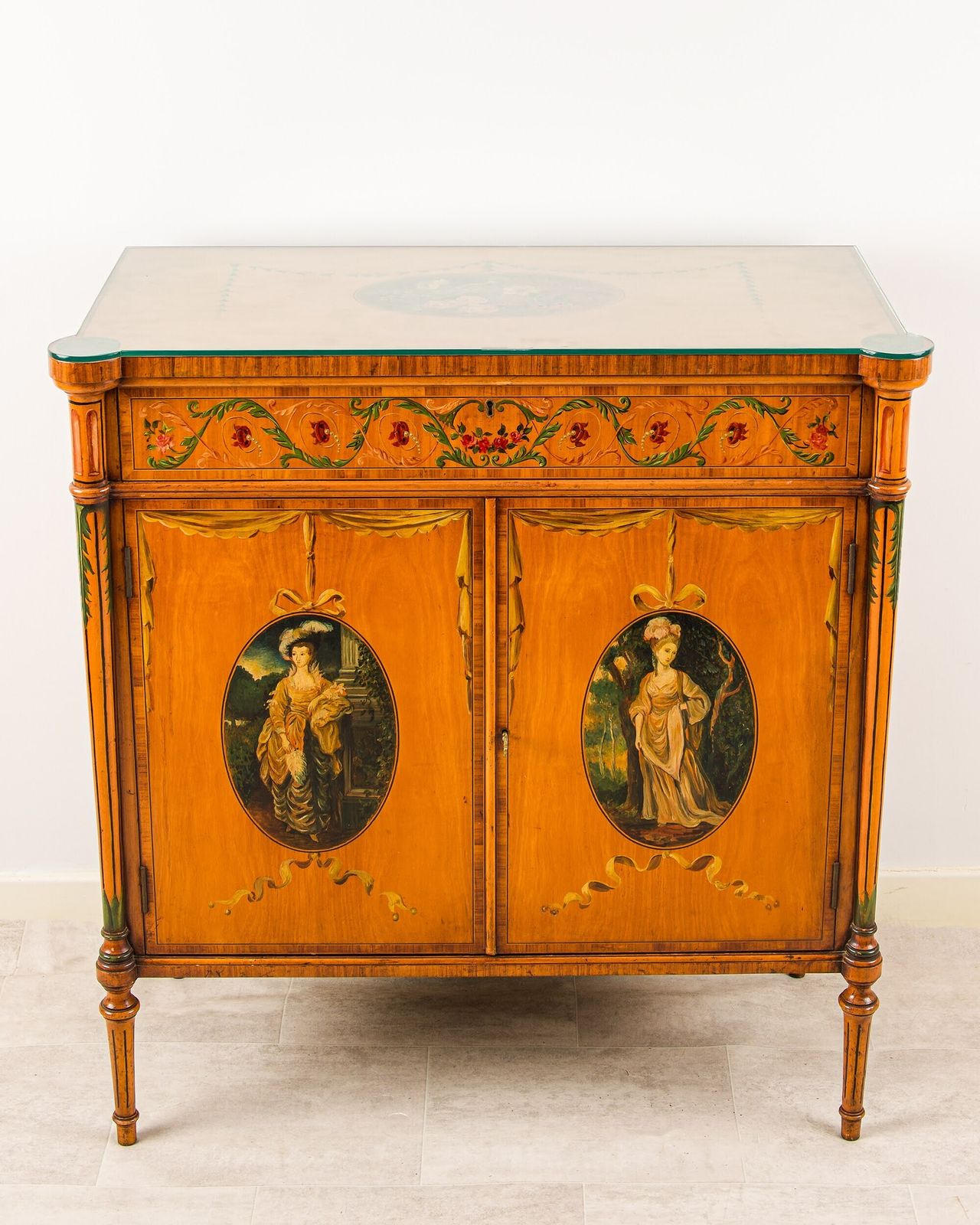 Antique Satinwood Painted Side Cabinet With Figural Panels photo for sale